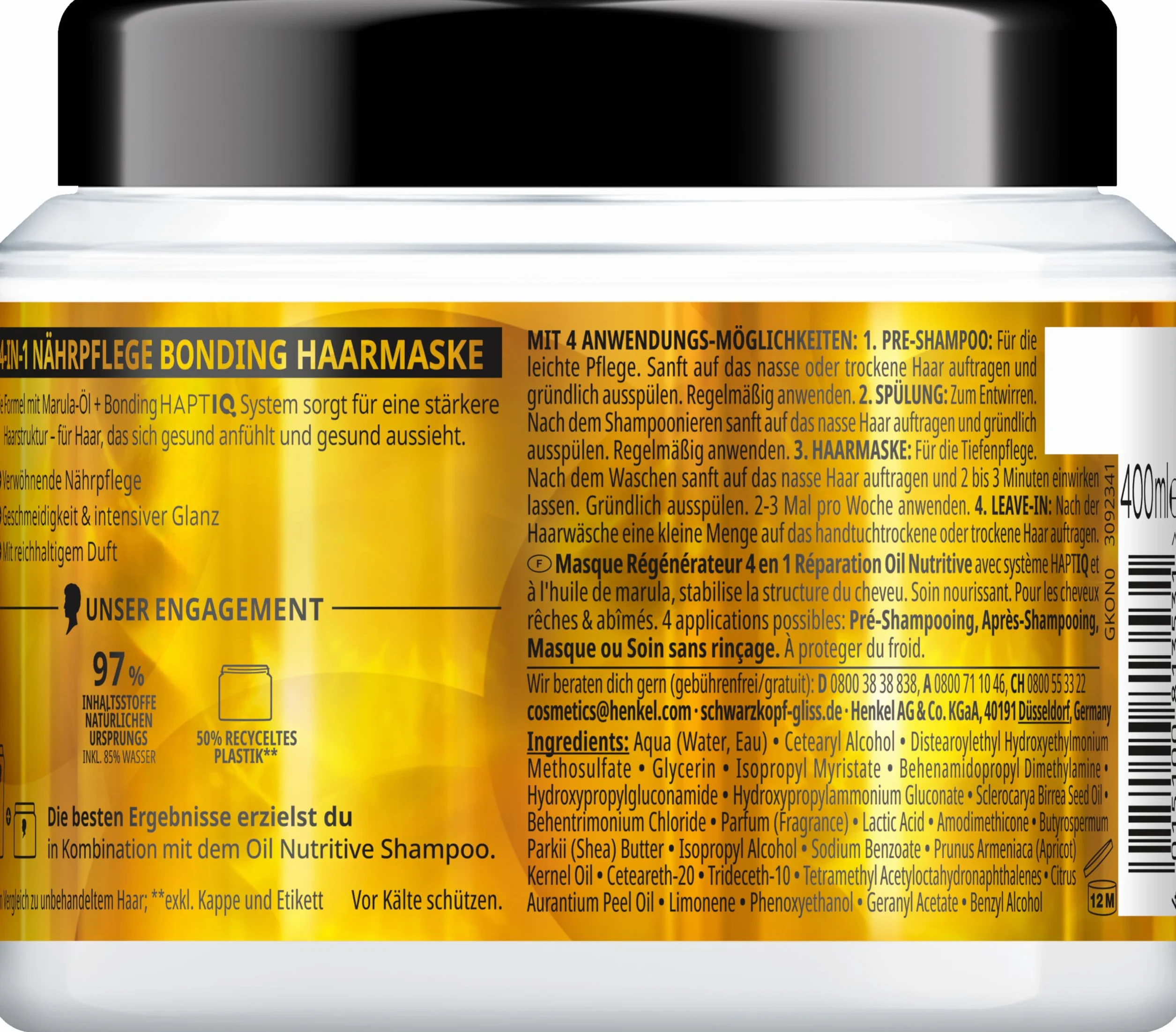 Gliss 4 w 1 kuracja odżywcza Oil Nutritive (400 ml), kuracja do włosów z systemem HAPTIQ i olejkiem Marula odżywia słomkowe, zniszczone włosy, maska do włosów zapewnia zmysłową elastyczność
