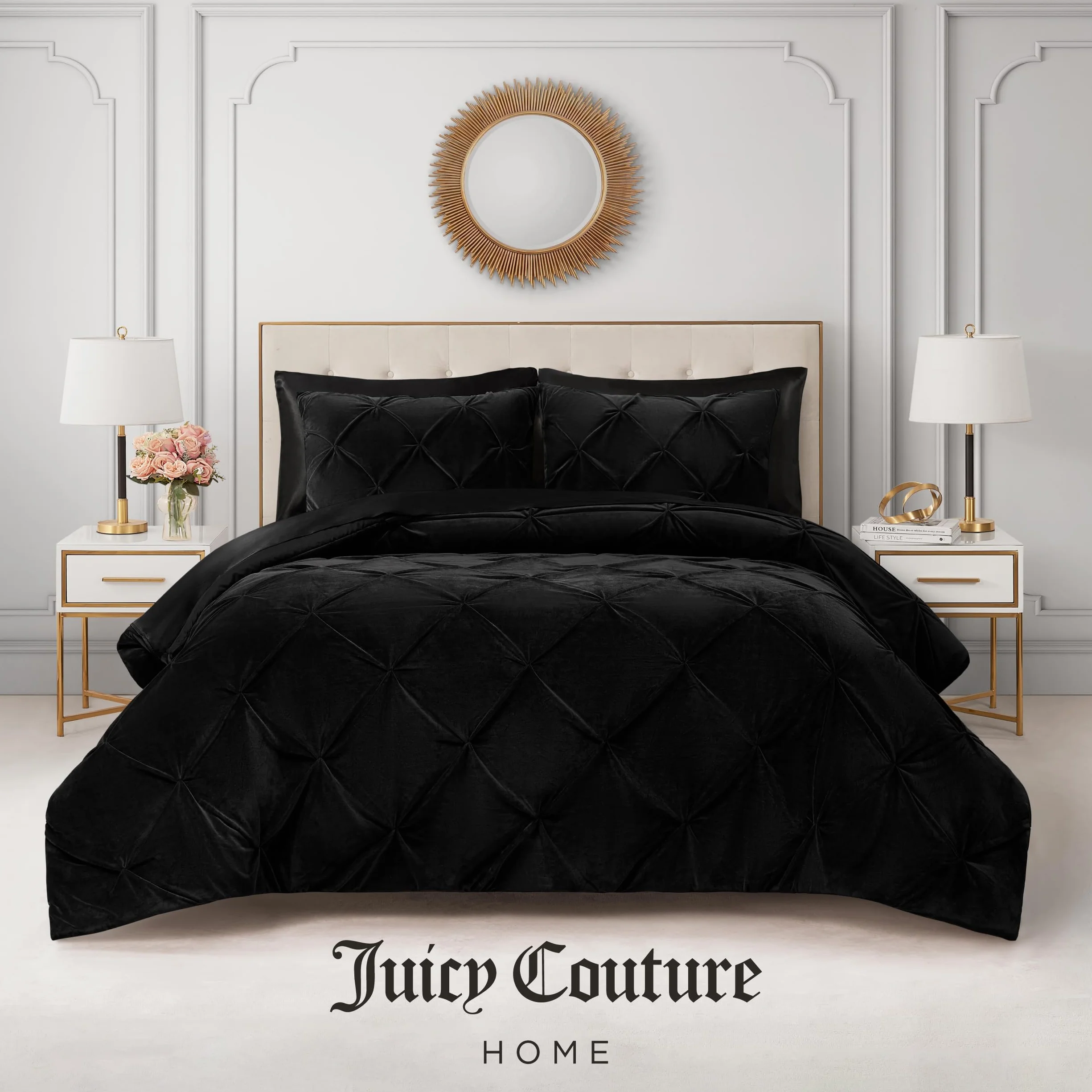 Juicy Couture Pocałunek plisowany pluszowy mikronorek czarny pełny/królowa kołdra zestaw - przytulny 3-częściowy zestaw pościeli
