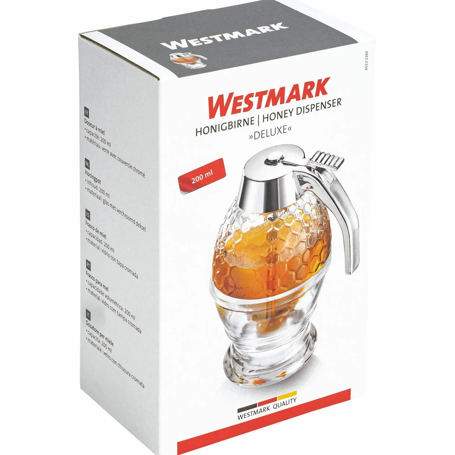 Westmark Dozownik do miodu 200 ml, Szkło/Tworzywo sztuczne, Wzór plastra miodu, Przezroczysty/Srebrny