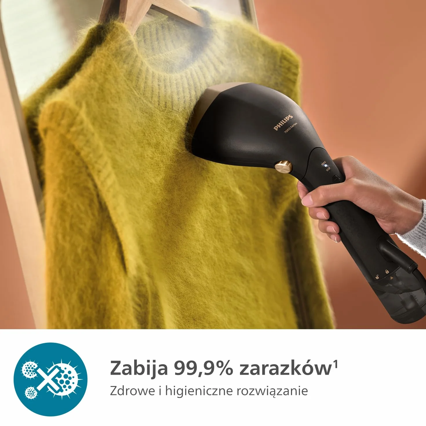Philips Parownica Ręczna z Serii 7000 - Moc 1500 W, 28 g/min Ciągłej Pary, Optymalna Temp, Metalowa Stopa, Odłączany Zbiornik 100 ml+200 ml. Rękawica/mata StyleMat, Kolor czarny (STH7060/80)