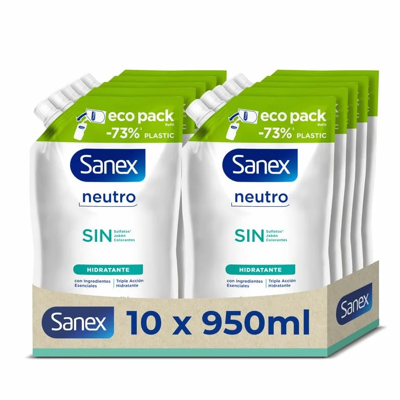 Sanex Wkład do żelu pod prysznic Sanex neutralny żel nawilżający 10 x 900 ml | z niezbędnymi składnikami | 0% siarczany*, 0% mydło i 0% barwniki | Żel do kąpieli do wszystkich rodzajów skóry |