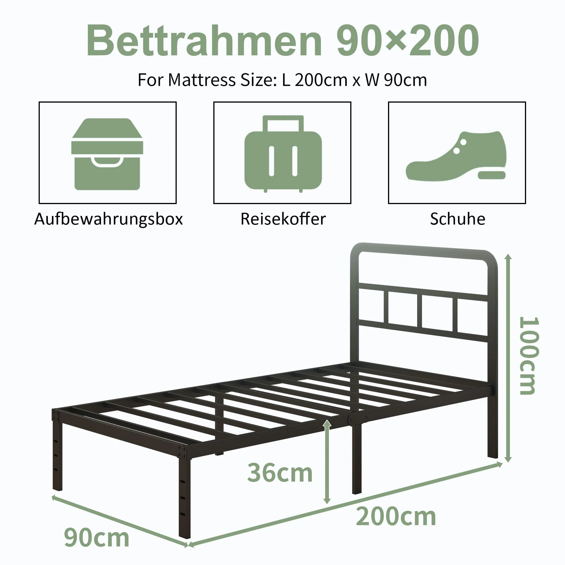 Lutown-Teen Europejska rama łóżka pojedynczego 36 cm wysokości 90x200 z zakrzywionym zagłówkiem, wzmocniona metalowa rama łóżka pojedynczego 3ft ze stalowymi listwami, miejsce do przechowywania pod