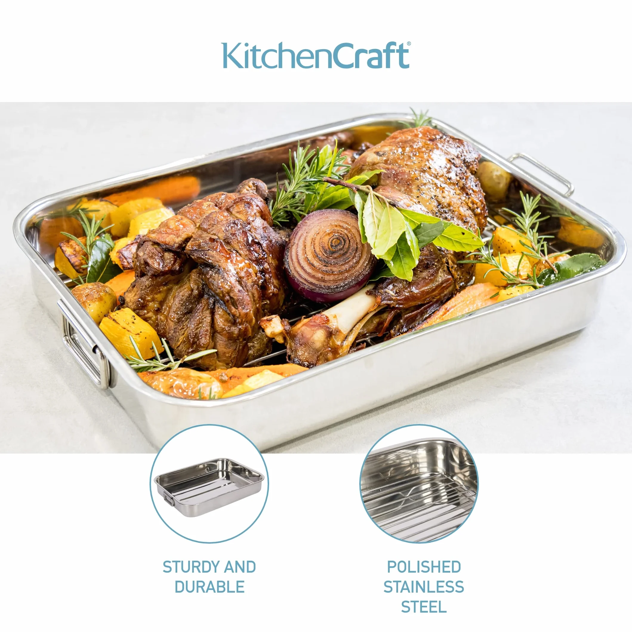 KitchenCraft Duża Brytfanna z Rusztem, Stal Nierdzewna, 43 × 31 cm - Kolor Srebrny