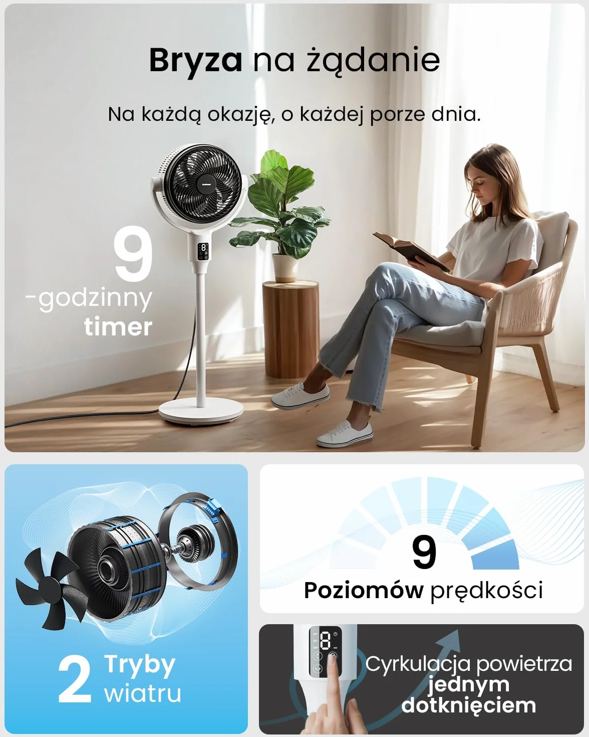 Pro Breeze AirFlo 111 cm wentylator stojący hybrydowy cichy 29 dB LED aplikacja pilot