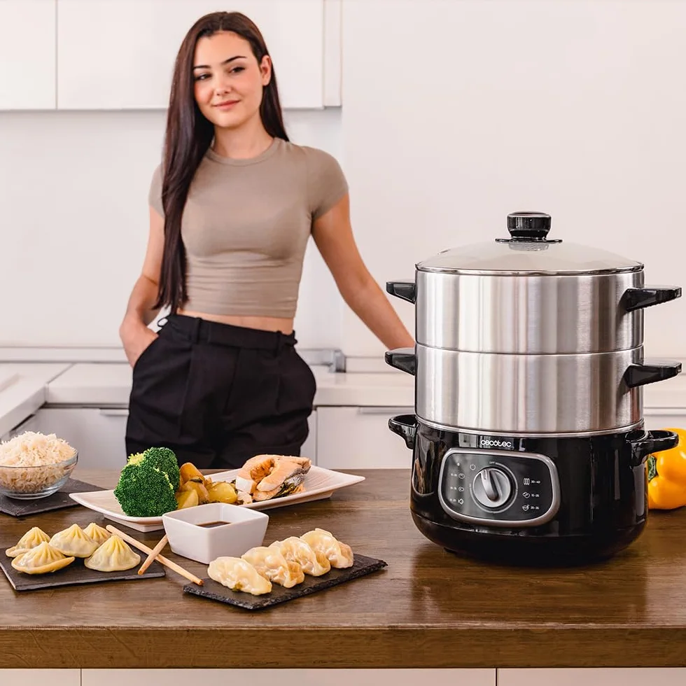 Cecotec Vapovita Steelpot Elektryczna parownica, moc 1300 W, pojemniki ze stali nierdzewnej, pojemność 10 l, regulowany czas, automatyczne wyłączanie, łatwe czyszczenie, specjalna pokrywa, zdrowa