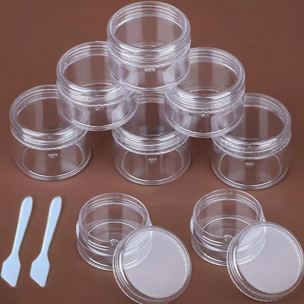 5 szt. słoików na kosmetyki przezroczyste plastikowe podróżne słoiki na próbki z mini łyżkami i naklejkami z etykietami (5 x 10 g)