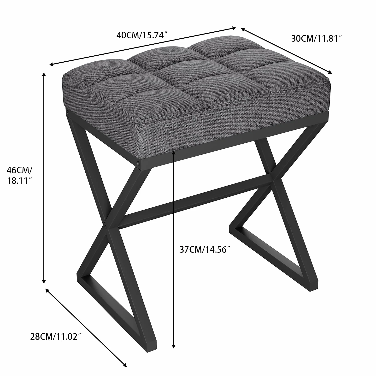Stołek toaletkowy lniany podnóżek kwadratowa ławka otomana z metalowymi nogami w kształcie litery X 40 cm