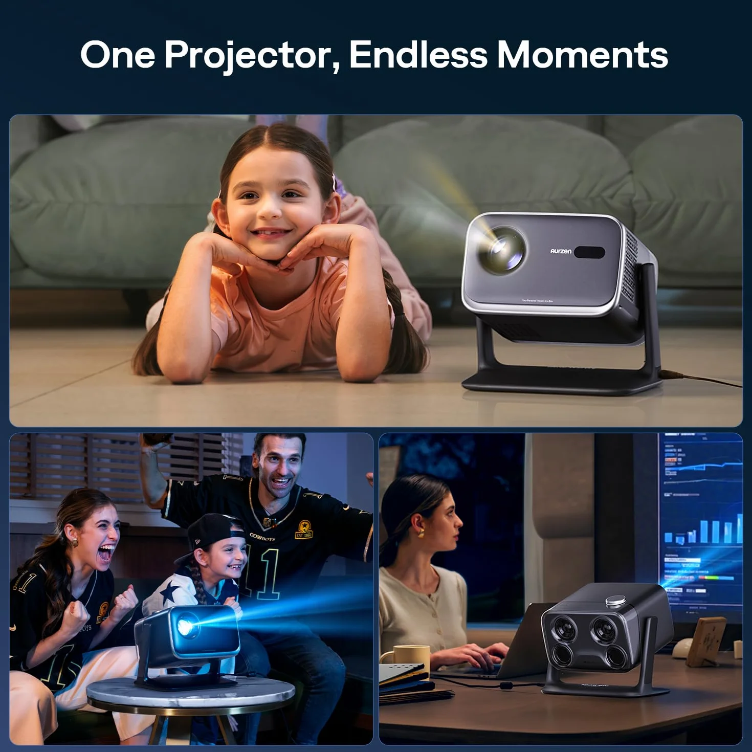 Aurzen Boom Mini 4 w 1 inteligentny projektor z Google TV, kino domowe i projektor zewnętrzny z obsługą 4K, dźwięk Dolby 20 W, projektor 500 ANSI, autofokus ToF i korekcja trapezu