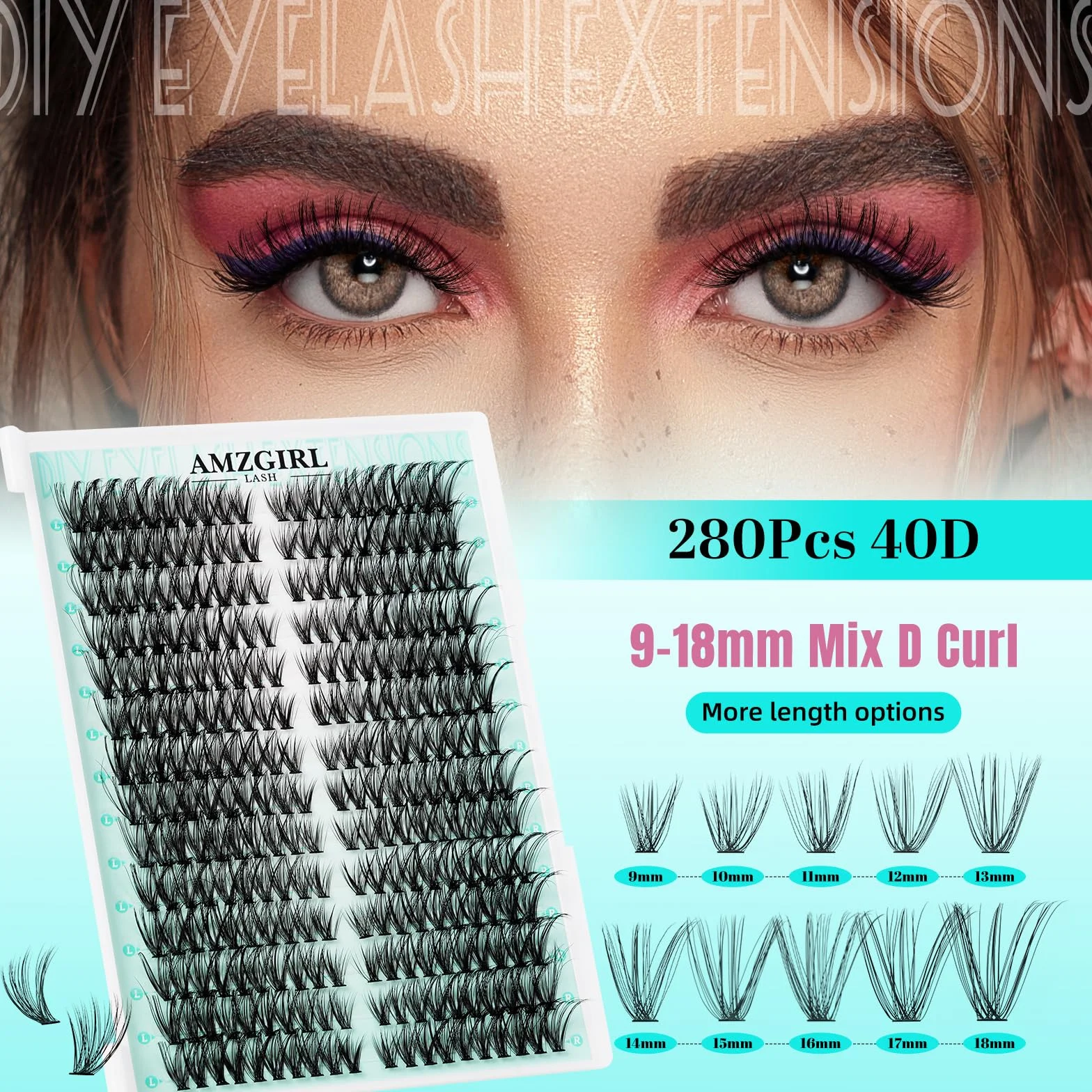 Dopinki do rzęs "zrób to sam" Cluster Lashes, 280 szt., lewe i prawe rzęsy, pojedyncze rzęsy 40D, D Curl Cluster, przedłużenie rzęs do samodzielnego stosowania, cienka taśma, kocie oko (40D, mieszanka
