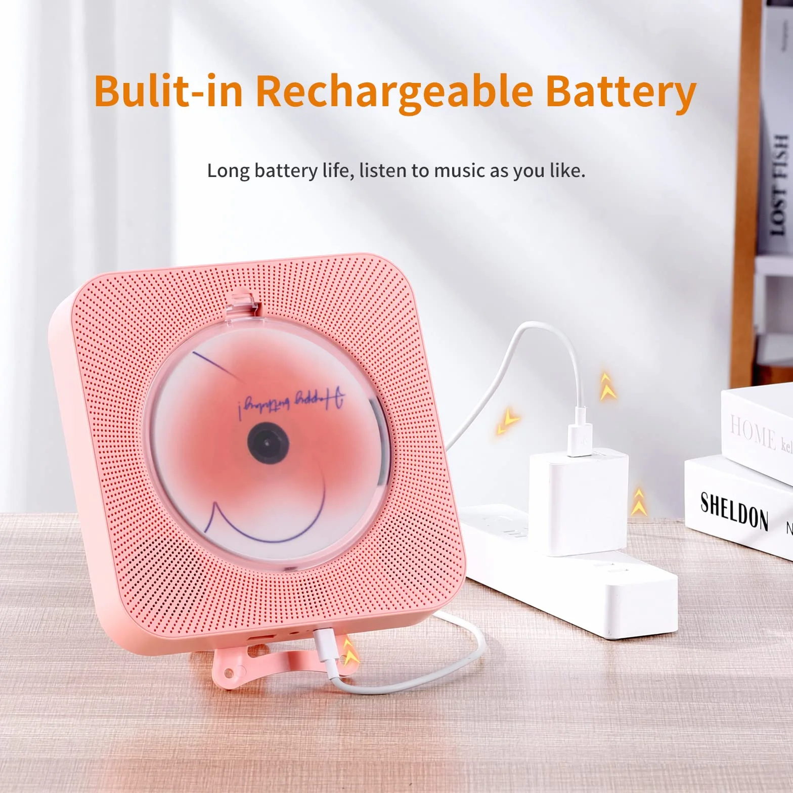 Yintiny Uroczy różowy odtwarzacz CD z Bluetooth 5.0, ładowalny, do dekoracji wnętrz, przenośny, piękny, pilot zdalnego sterowania, wejście AUX i USB
