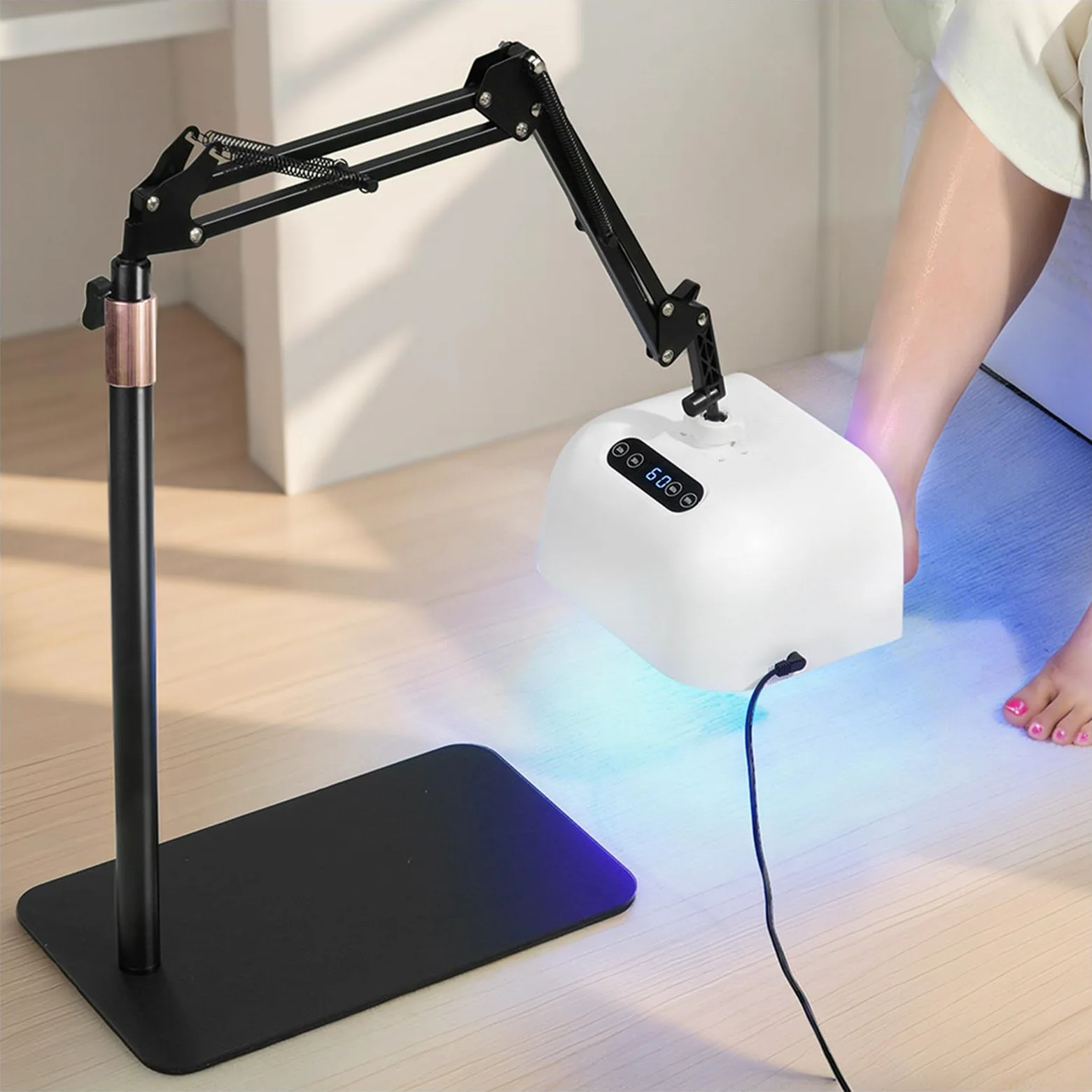 Lampa do Pedicure ze Stojakiem, Lampa UV LED do Utwardzania Żelu | Do Salonu lub Domu, Suszarka 48 W z Akumulatorem, 33 Diody LED, 4 Timery i Obrotowy Stojak do Manicure i Pedicure