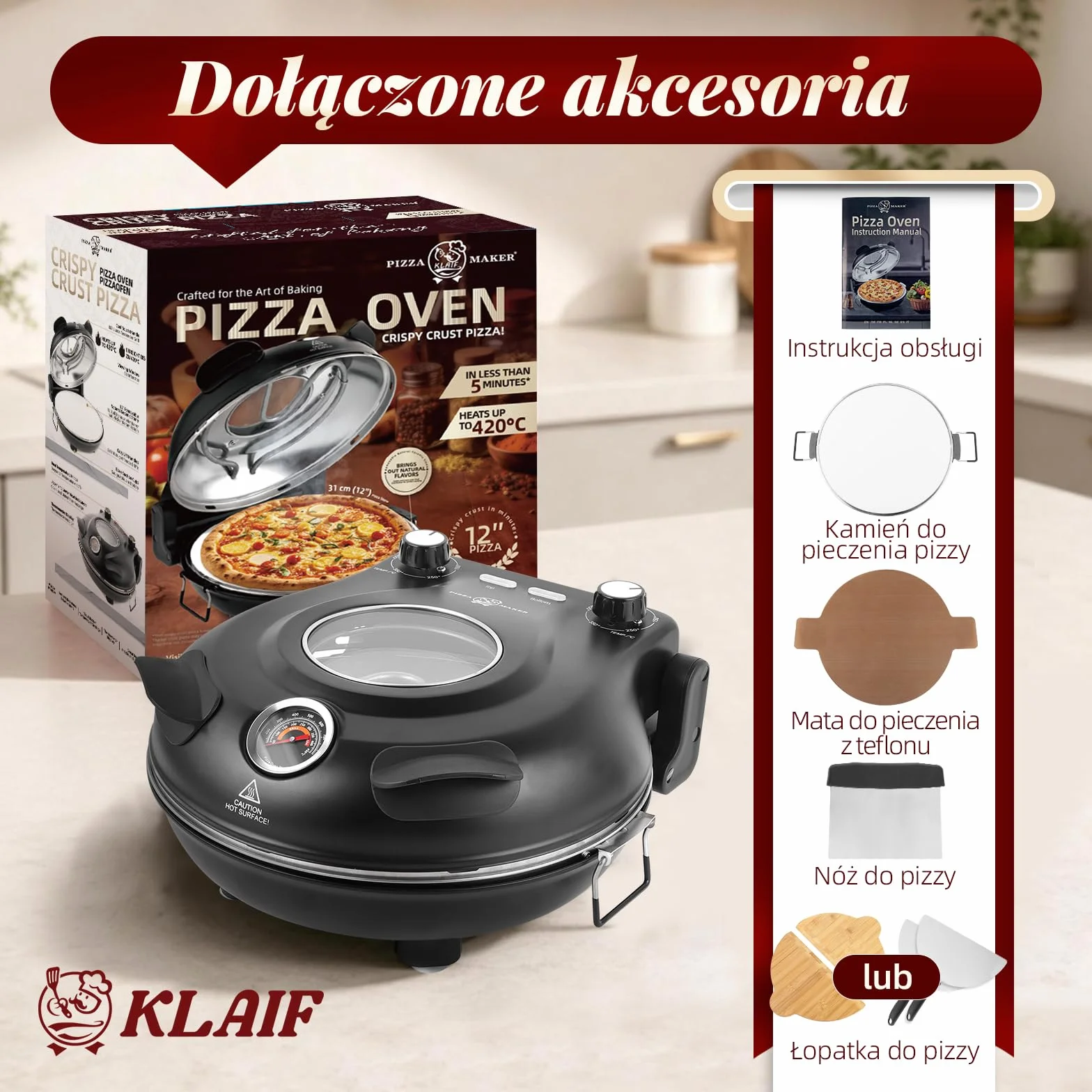 KLAIF Piec elektryczny do pizzy do blatu roboczego z kamieniem ceramicznym 31 cm, dwiema regulowanymi regulatorami temperatury, w zestawie 4 narzędzia do pizzy, LMC-czarny