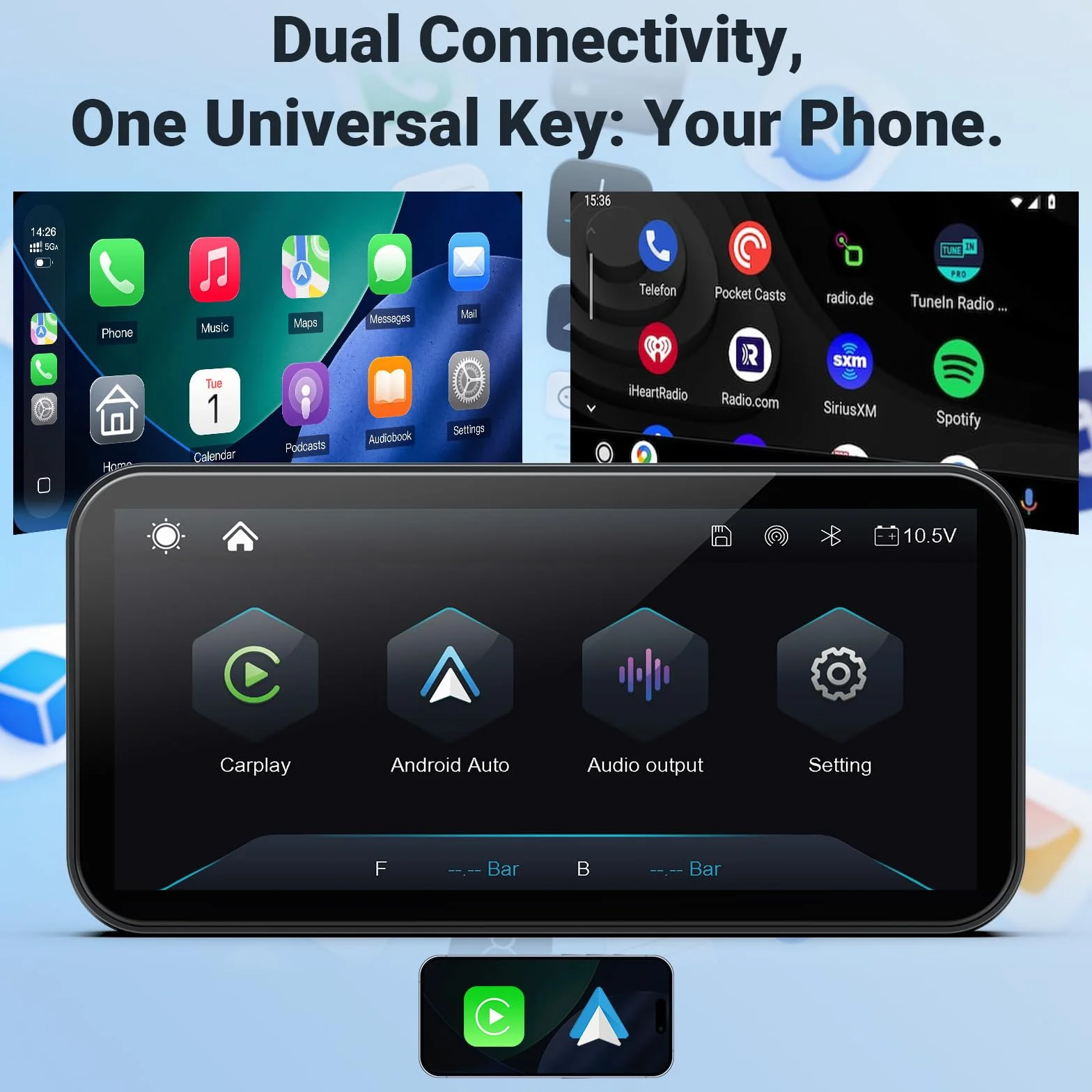 622 bezprzewodowy ekran CarPlay do motocykla, 6" wodoodporny ekran dotykowy z czujnikiem światła, obsługuje bezprzewodowe CarPlay i Android Auto, Bluetooth, nawigacja GPS