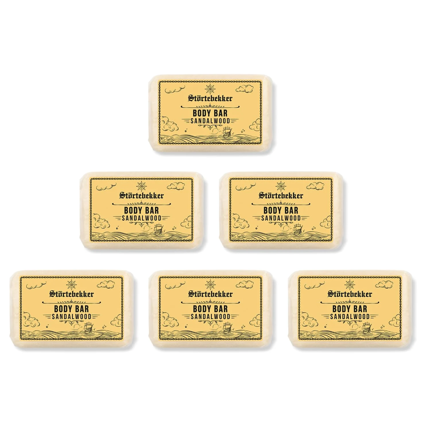 Störtebekker® Premium Body Bar drzewo sandałowe (6 x) | stały żel pod prysznic dla mężczyzn i kobiet | naturalne czyszczenie, wspaniały zapach | ręczne wykonanie bez dodatków (6 x 120 g)