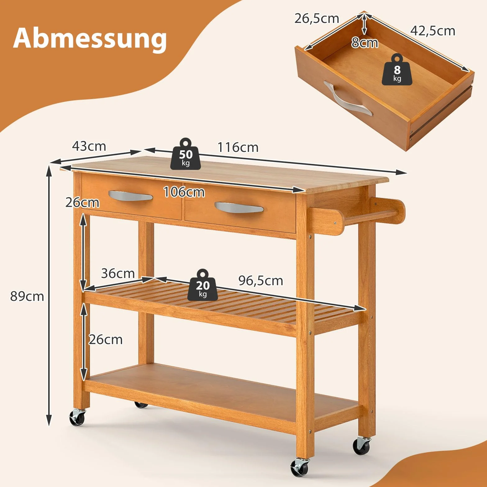 COSTWAY Drewniany wózek kuchenny z blatem roboczym 2 szuflady 2 półki wieszak na ręczniki 116x43x89 cm