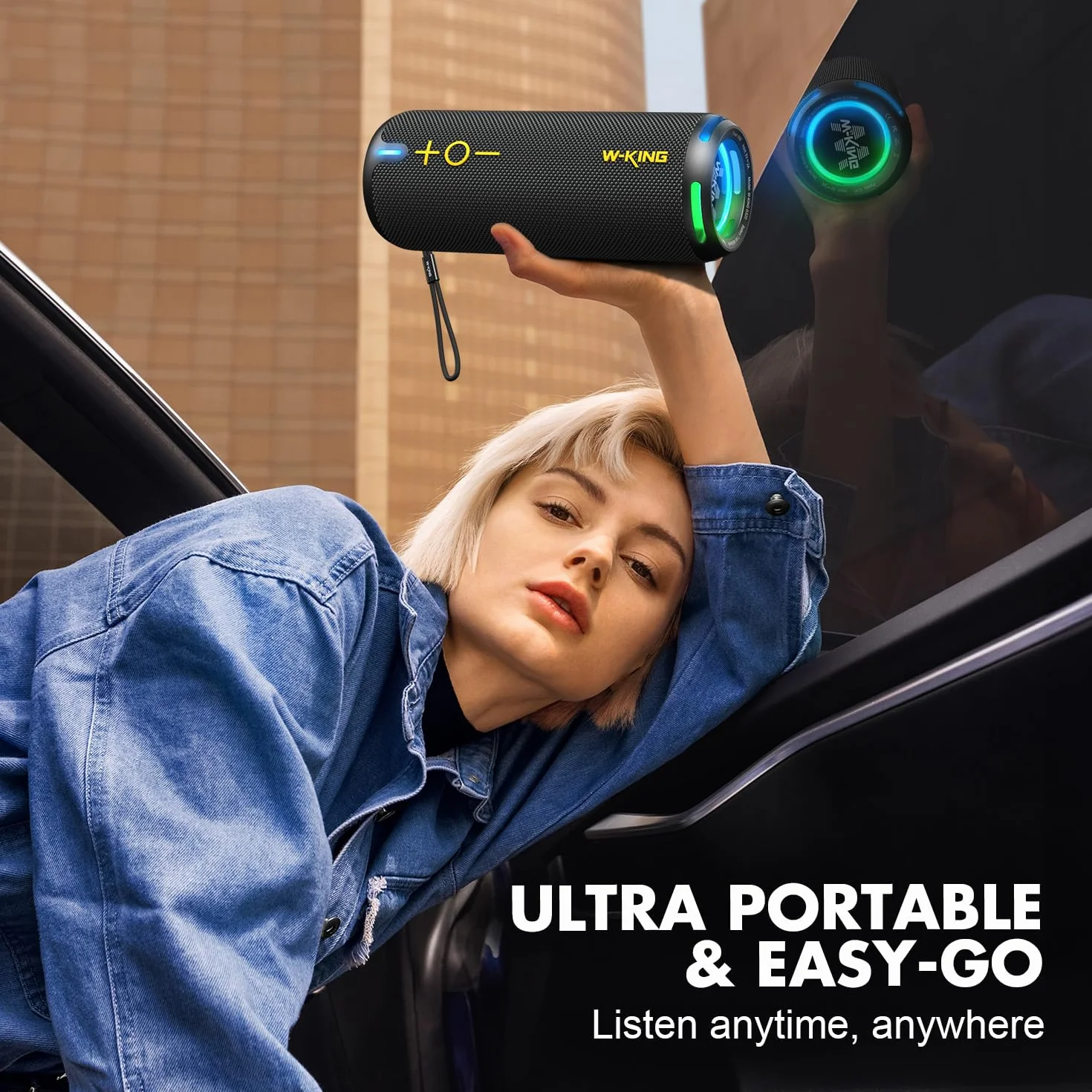 W-KING Głośnik Bluetooth, IP67, głośnik, Bluetooth, do użytku na zewnątrz, EQ-APP, 40 W HD 360° Surround Sound / Light/Deep Bass/V5.3/DSP/24H/TF/AUX, do prysznica, na kemping, D320, czarny