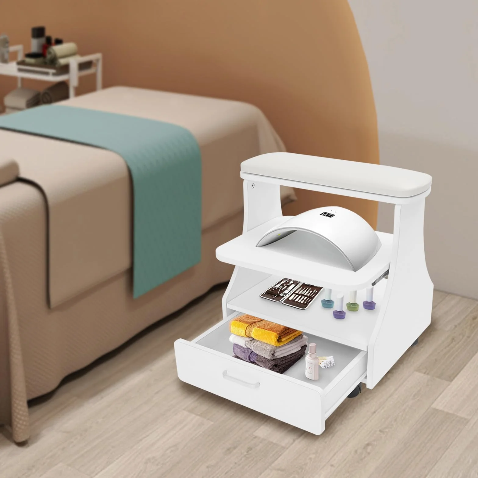 Przenośny wózek na kółkach, do manicure, pedicure, podnóżka z kółkami i szufladą, do pedicure, masażu, pielęgnacji paznokci u stóp w salonach piękności (kolor biały)