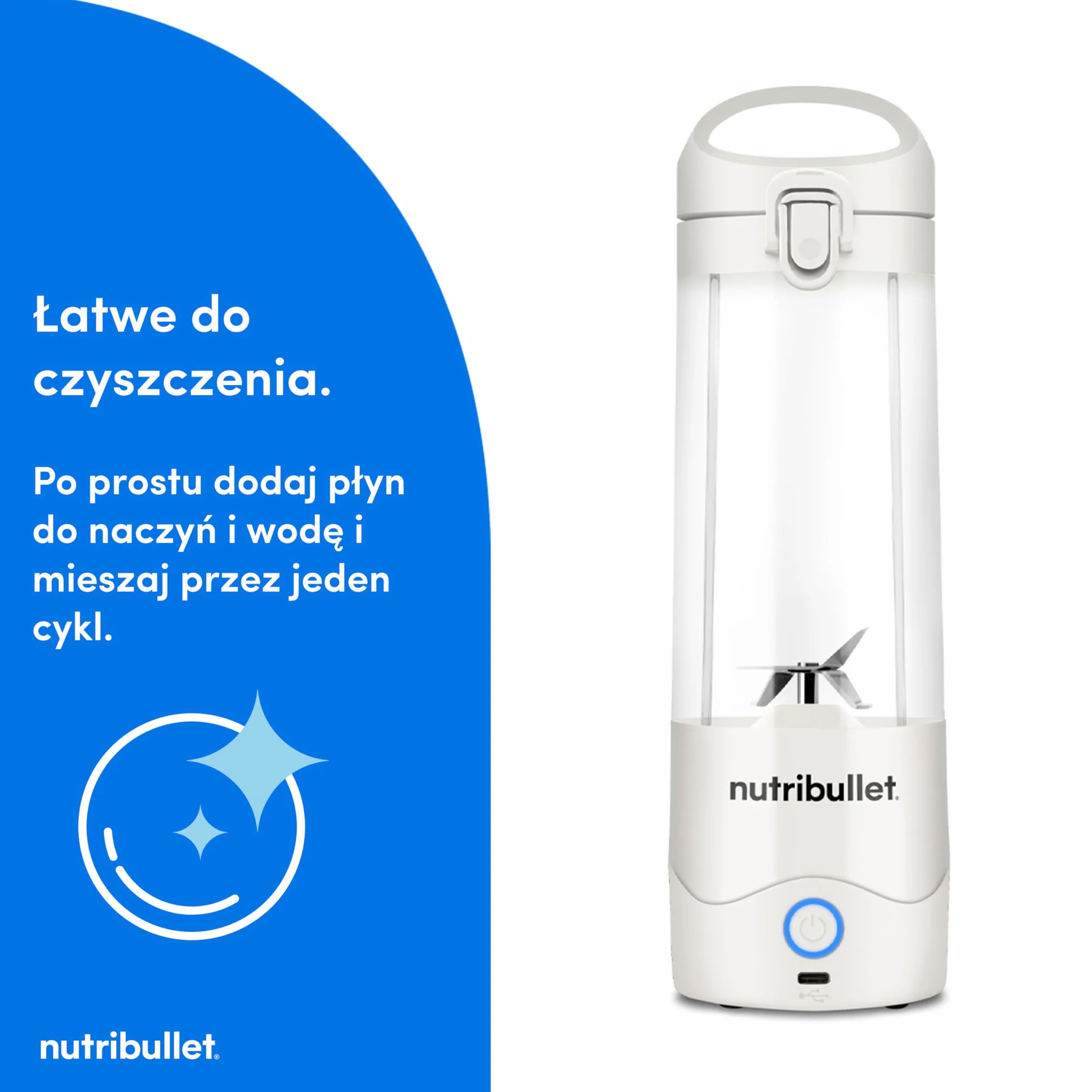 Nutribullet Lekki Przenośny Blender, 475 ml bez BPA Tritan, Mini Blender, 4-Stronne Ostrze ze Stali Nierdzewnej, Wielofunkcyjny, Ładowarka USB-C, ponad 15 Cykli Mieszania, Biały, NBP003W