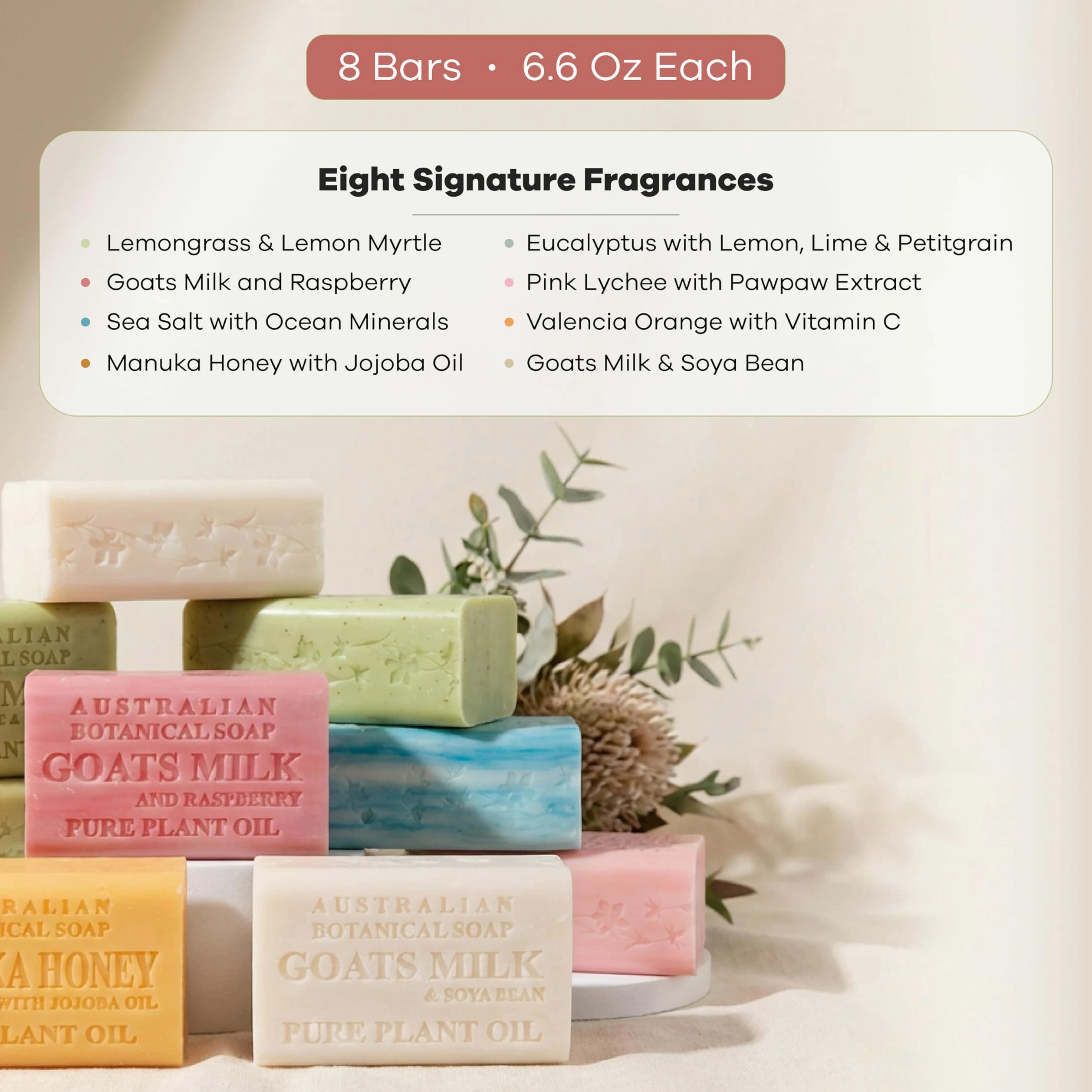 Australian Botanical Soap, Pure Plant Oil Soaps, 8 barów, różne mydło, 187 g, naturalne składniki odżywcze, wszystkie rodzaje skóry, masło shea, opakowanie 8 sztuk