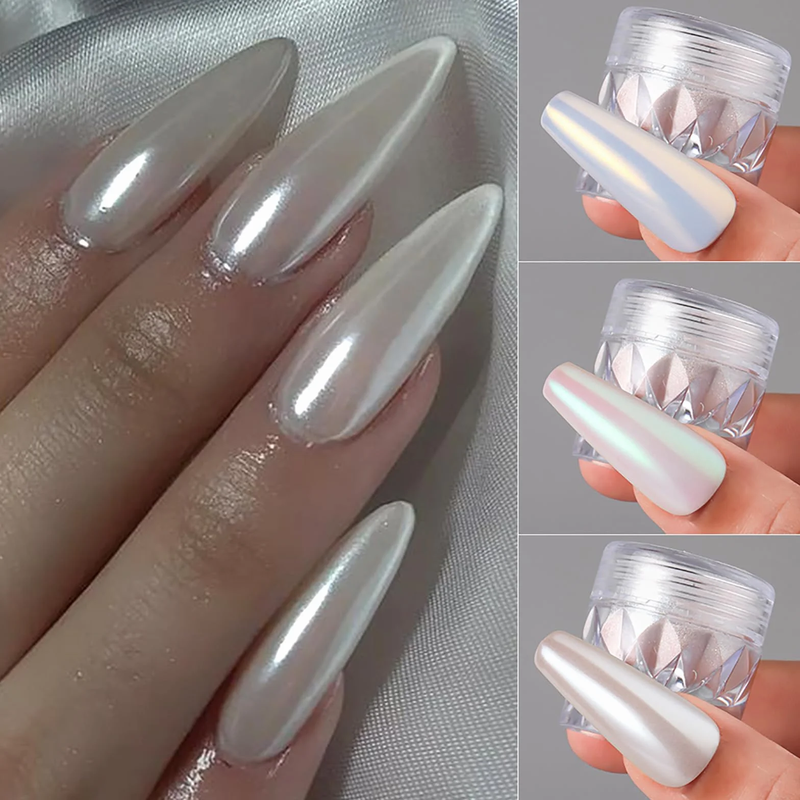 White Pearl Chrome Nail Powder Aurora Nail Powder holograficzny puder do paznokci 3 szt. lustrzany puder brokatowy