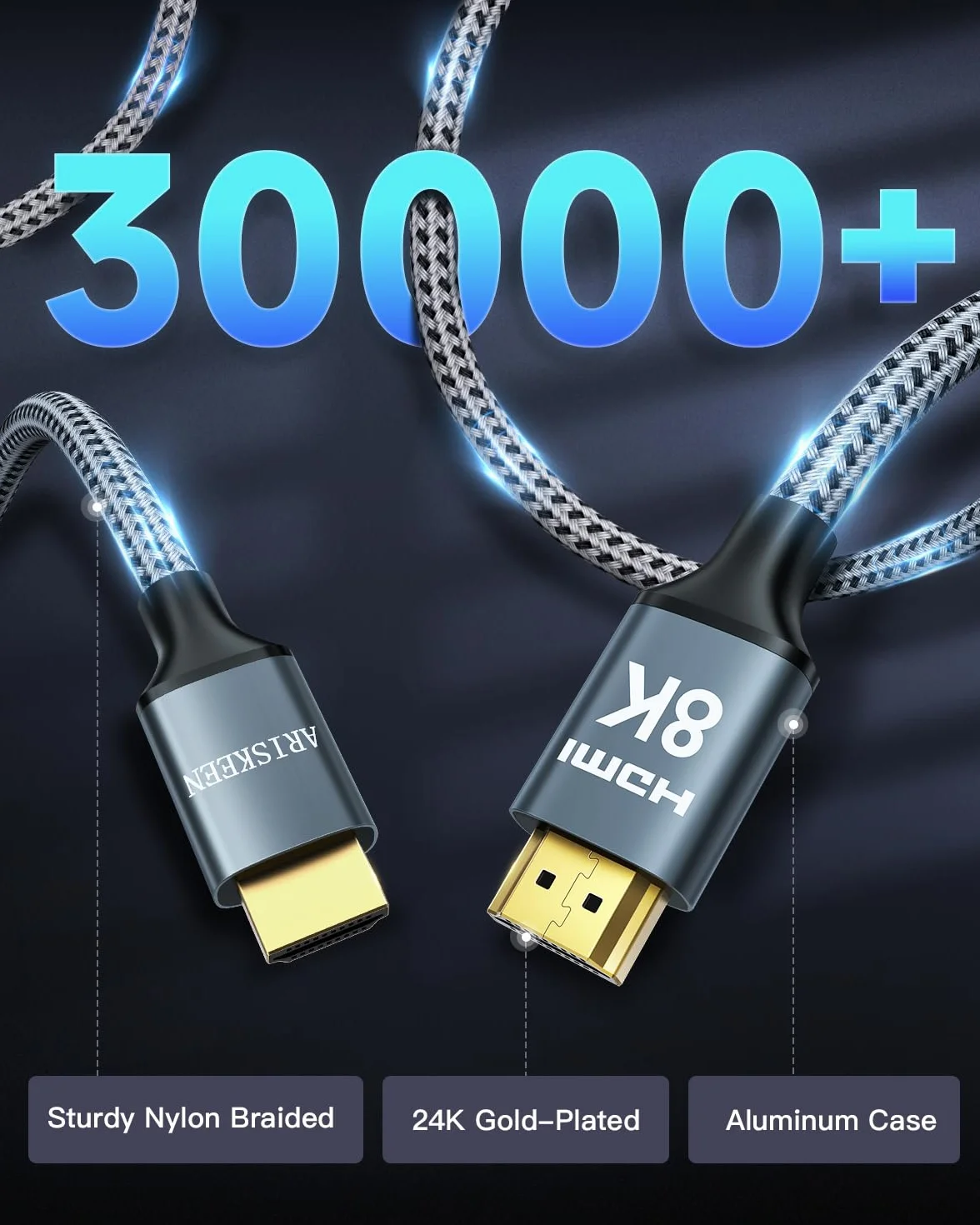 ARISKEEN Nylonowy pleciony kabel HDMI 2.1 8K, 2 m, Ultra HD, 48 Gb/s, High Speed, obsługuje 8K/60 Hz, 4K/120 Hz, kompatybilny z TV/Xbox One/PS4/PS5/Switch/monitorem/Blu-ray/soundbarem/DVD