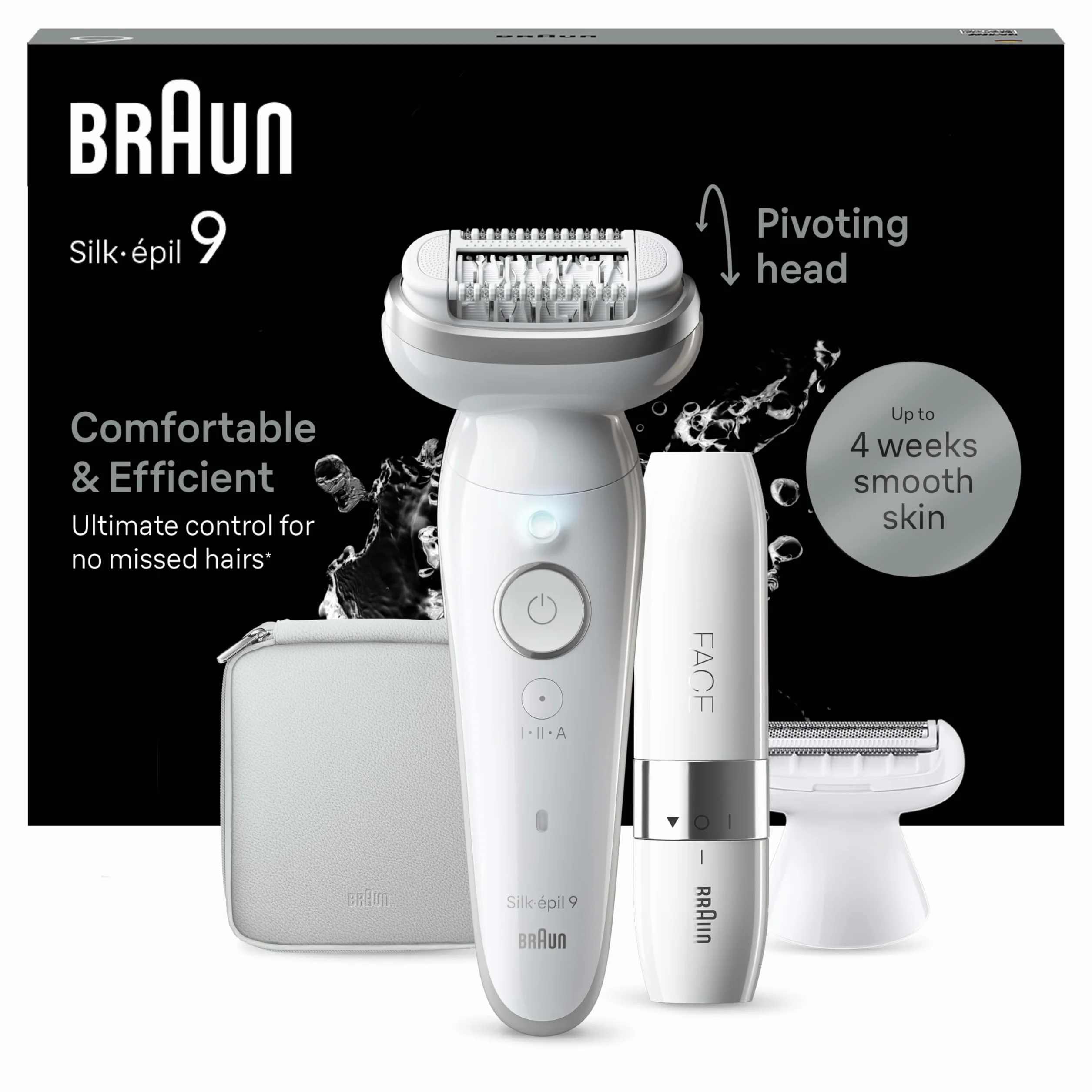 Braun Silk-épil 9, depilator damski/depilator do długotrwałego usuwania włosów, Facespa depilator na twarzy, nasadka do golenia, nasadka trymera, 9-341, biały/srebrny