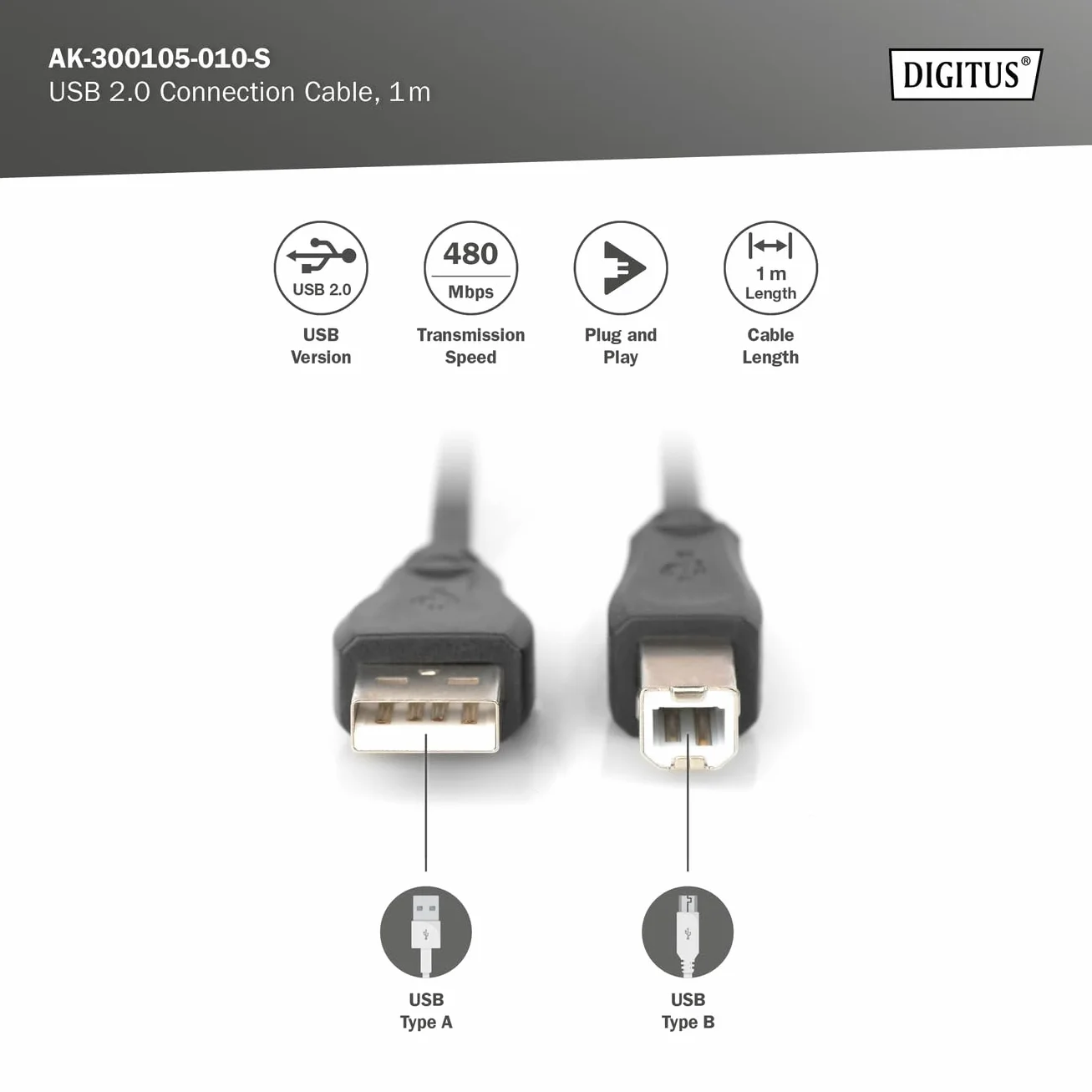 DIGITUS Kabel połączeniowy USB 2.0-1 m - USB A (m) do USB B (m) - 480 Mbit/s - kabel połączeniowy, kabel USB - czarny
