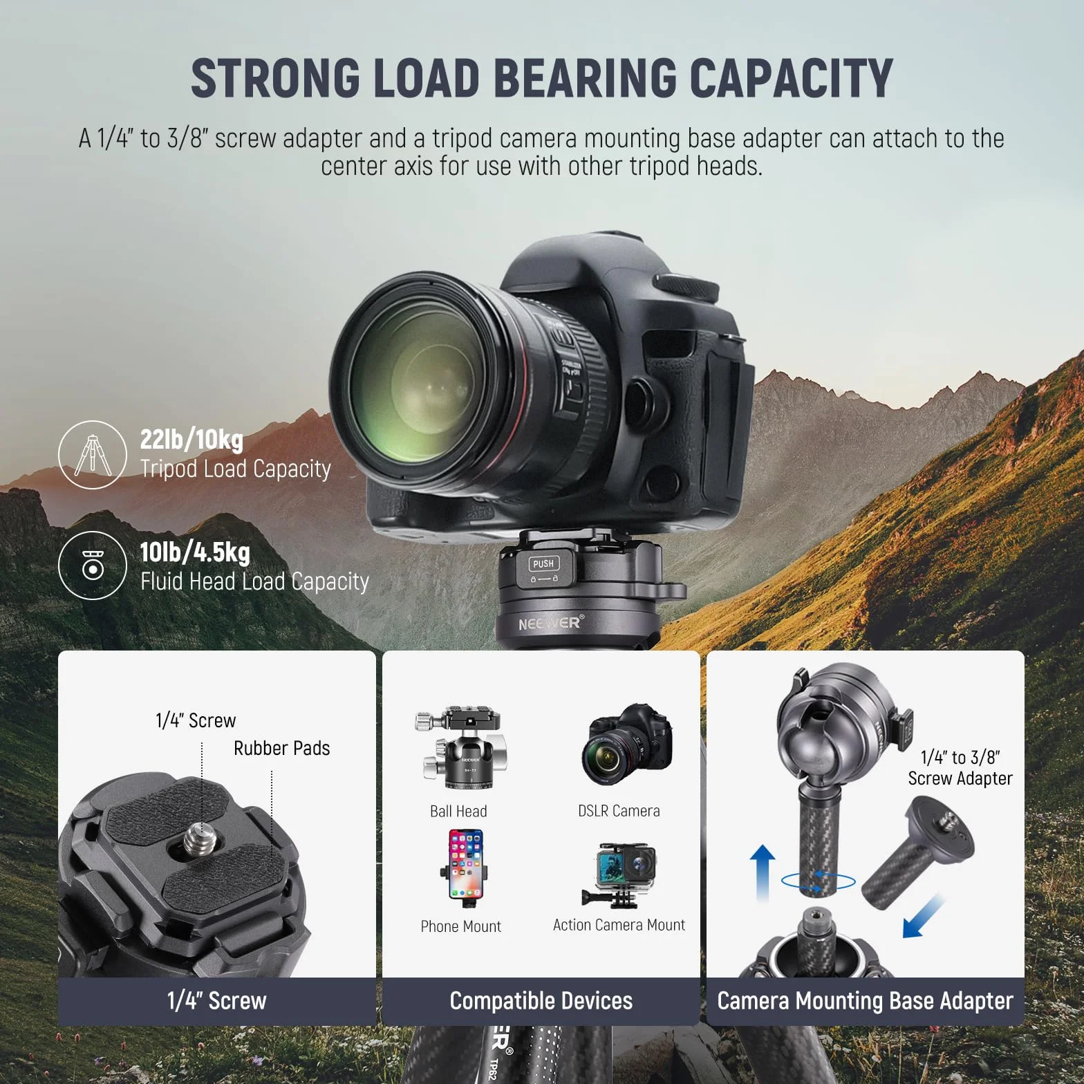 NEEWER LITETRIP LT32 157.5 cm statyw podróżny z włókna węglowego z poziomowaniem ±15°, głowica panoramiczna 360°, odłączana oś środkowa, klamra szybkiego otwierania, płyta Arca QR kompatybilna z Peak