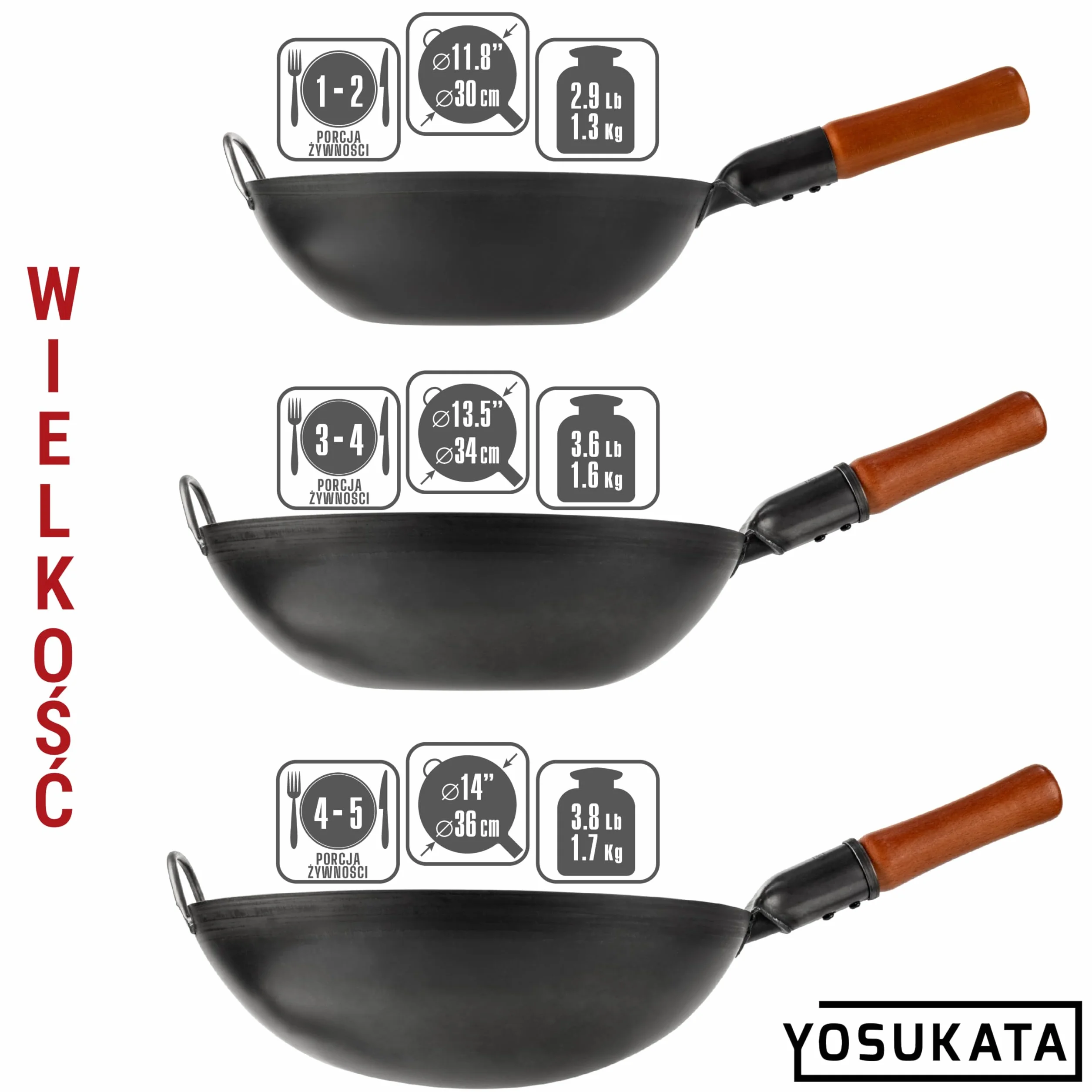 YOSUKATA Wok Stal Węglowa 34 cm - Chiński Wok z Płaskim Dnem do Stir Fry i Grillowania