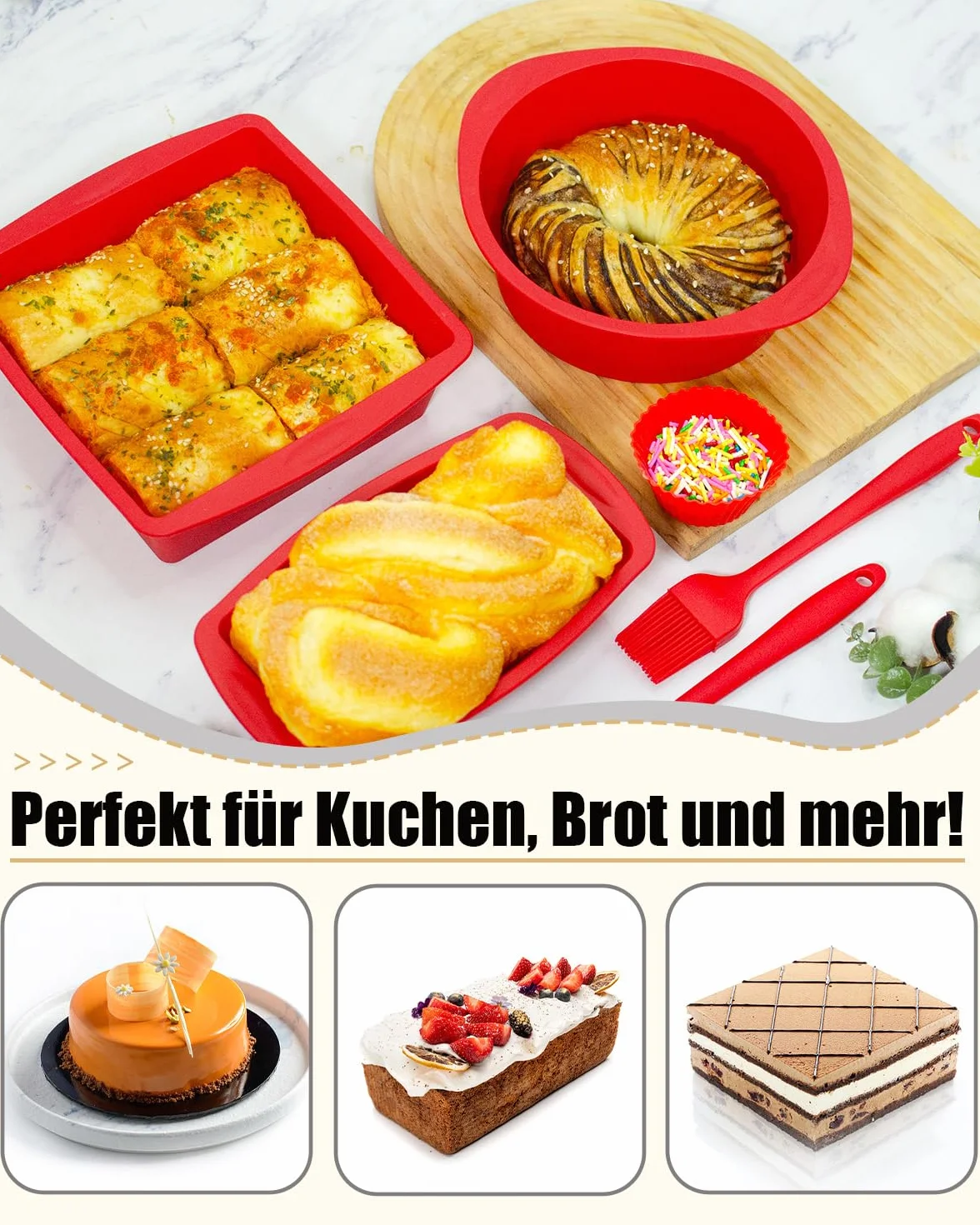 Silikonowa forma do ciasta, 3 sztuki, zestaw silikonowych form do pieczenia, odporna na wysokie temperatury, forma do pieczenia ciast, chleba, quiche (czerwona, kwadratowa)