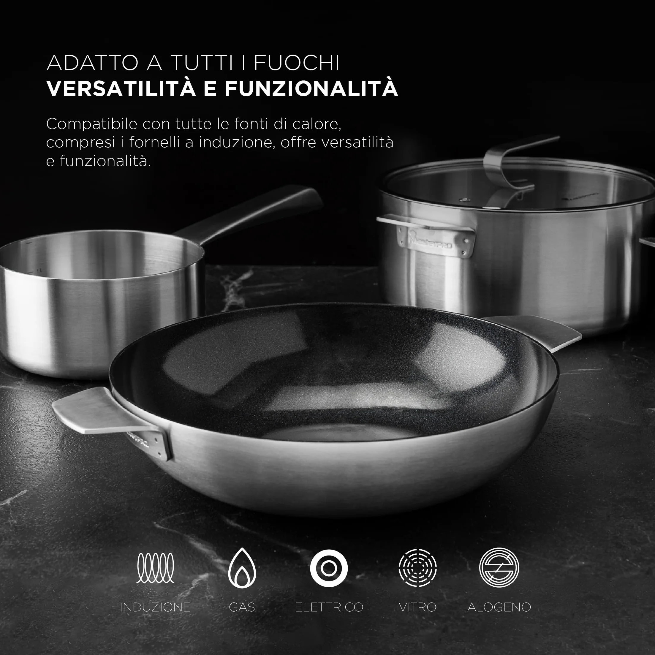 MasterPro SIGMA wok bez pokrywki, 28 cm, stal nierdzewna, stal nierdzewna, ceramiczna, szwajcarski kryształ, długi uchwyt, odpowiedni do wszystkich kuchni, zalecane mycie ręczne