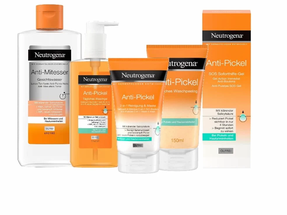 Neutrogena Zestaw do pielęgnacji twarzy przeciw pryszczom 2 w 1 z maską do czyszczenia i maską 150 ml, codzienny żel do mycia 200 ml, SOS natychmiastowa pomoc 15 ml, codzienne peeling 150 ml i anty-wągrowa woda do twarzy 200 ml