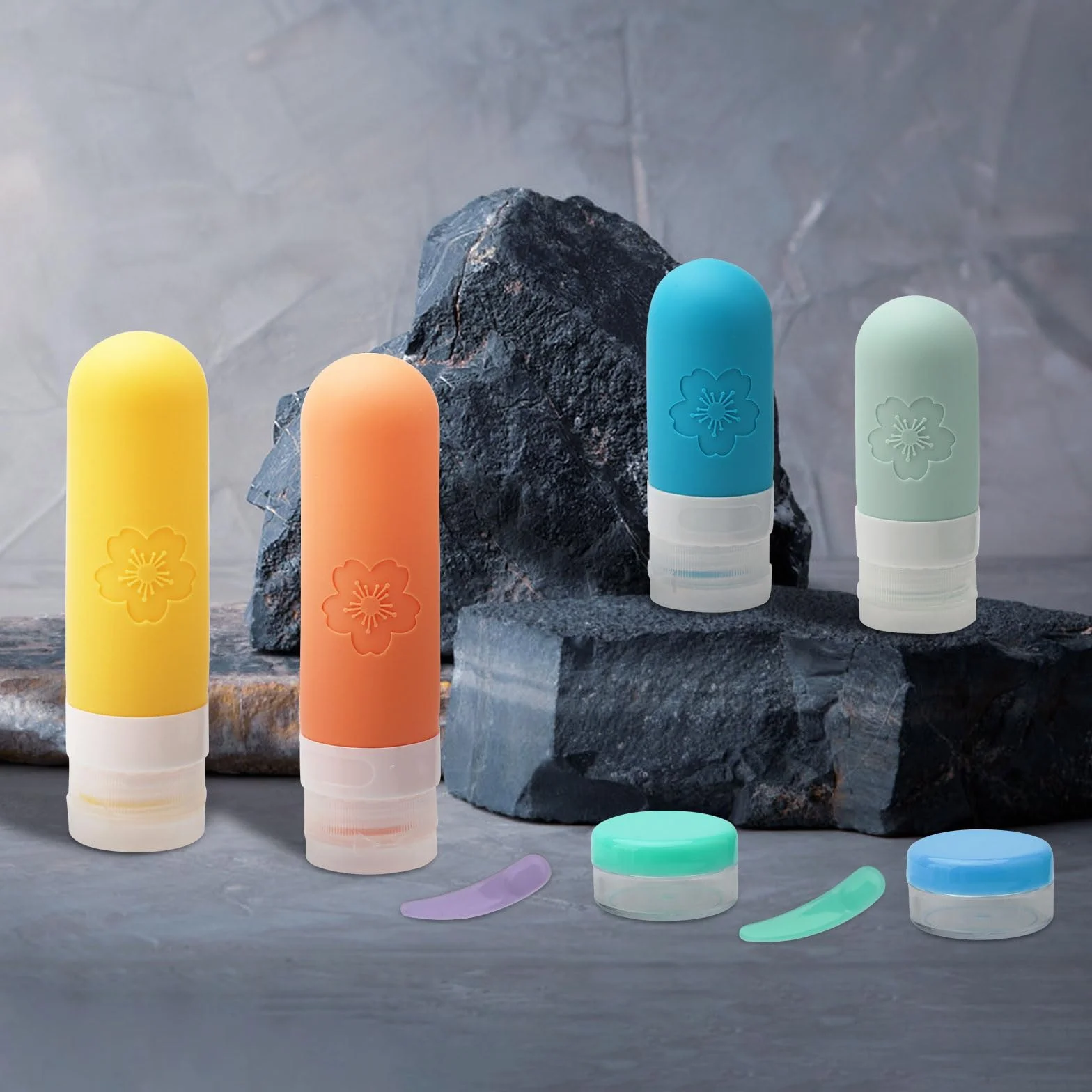 Zestaw 17 silikonowych butelek podróżnych z etykietami, 90 ml, zatwierdzone przez FDA pojemniki podróżne z motywem begonii, zestaw podróżny do napełniania, zestaw podróżny do szamponu, balsamu