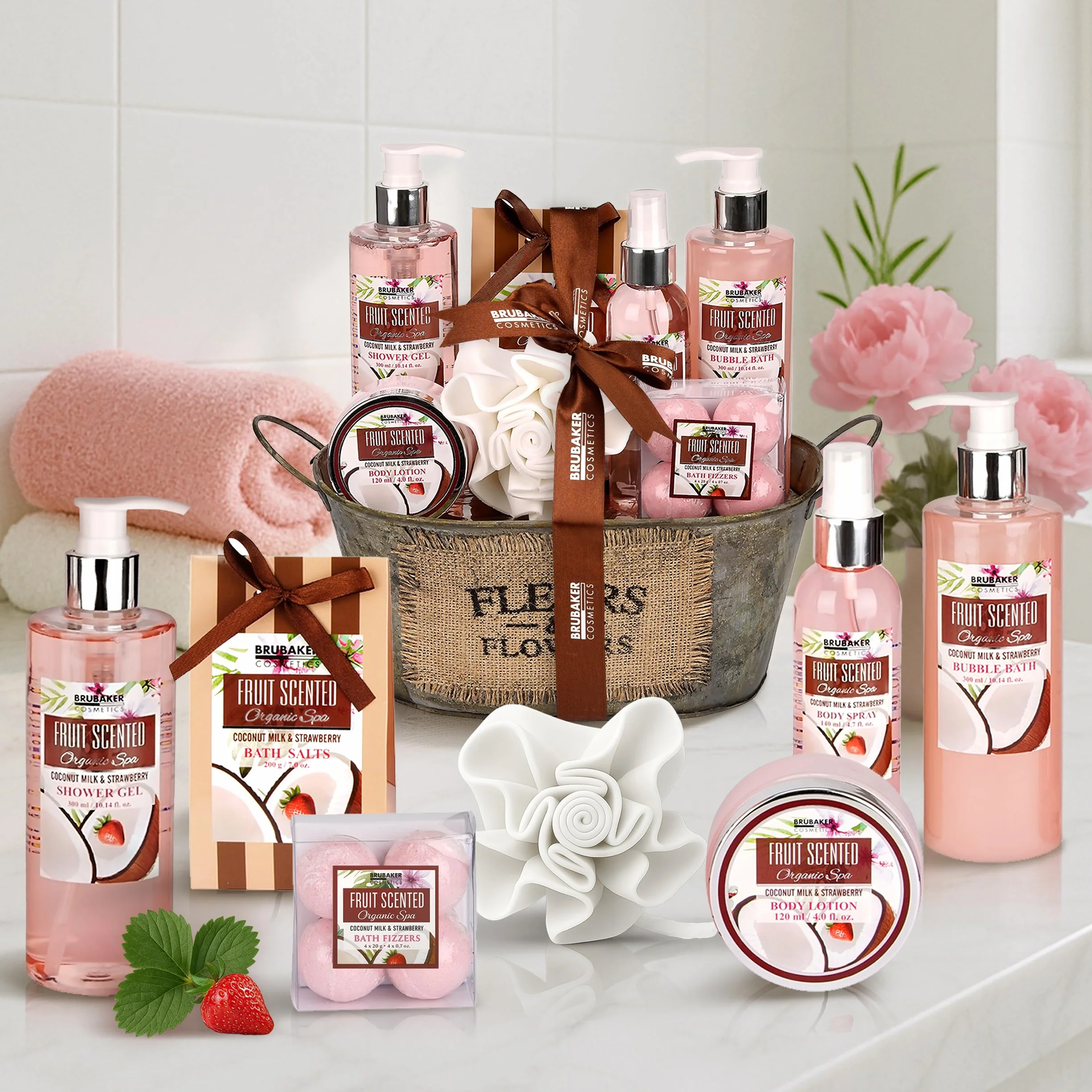 BRUBAKER Cosmetics Bath oraz Shower Set Coconut & Strawberry Scent - 11-Częściowy Zestaw Prezentowy W Wannie Vintage Tub