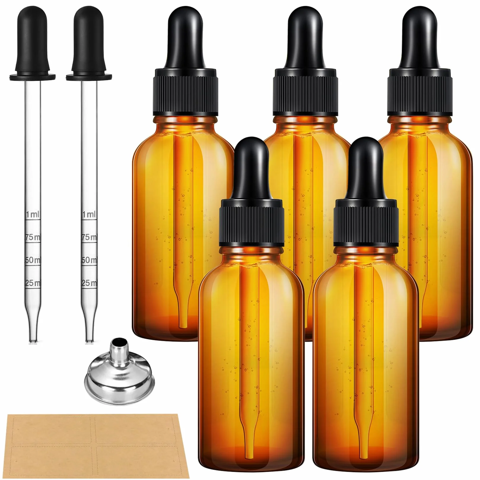 Butelki z pipetą 50 ml, butelki z pipetą, 5 sztuk, szklane butelki, pipeta, butelki apteczne, z lejkiem, naklejka, butelki z brązowego szkła, na olejki eteryczne, perfumy