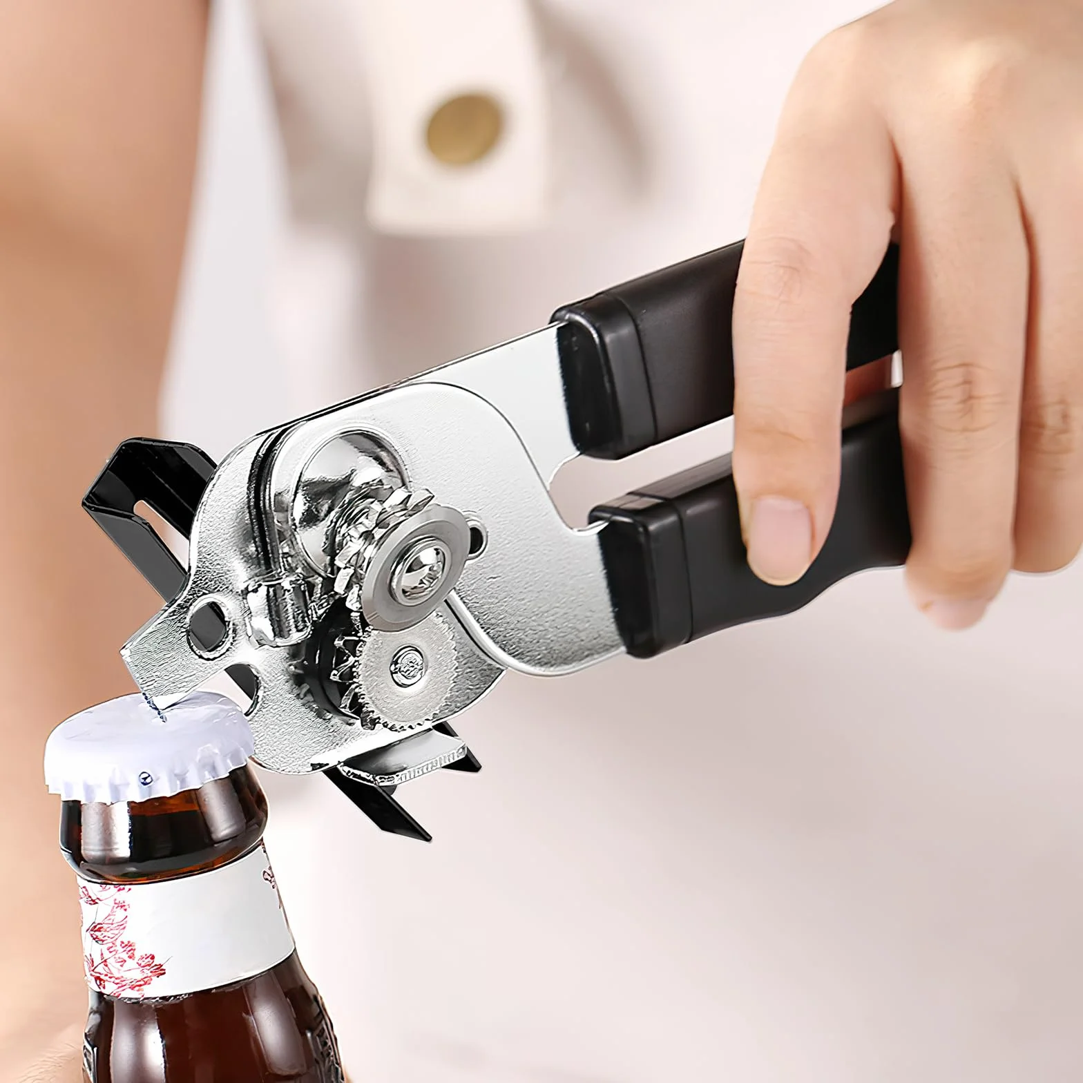 Otwieracz do puszek ręczny, 3 w 1 otwieracz do puszek ze stali nierdzewnej z antypoślizgowym uchwytem i ergonomicznym pokrętłem, bezpieczny otwieracz do puszek, otwieracz do puszek dla seniorów, dla