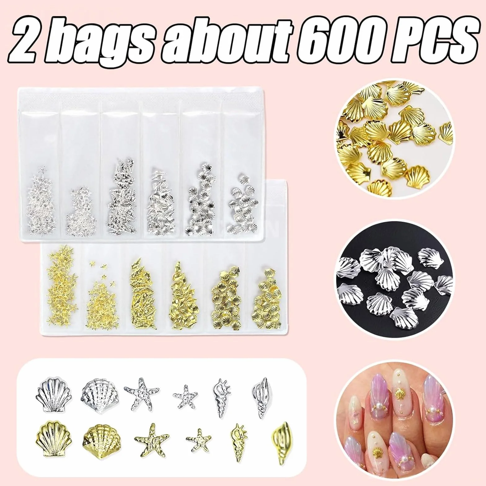 600 metalowych zawieszek 3D do paznokci, różne kształty, złota powłoka, rozgwiazda, stop muszli, sztyfty do paznokci, płaskie plecy, cyrkonie do paznokci, letnie zawieszki plażowe