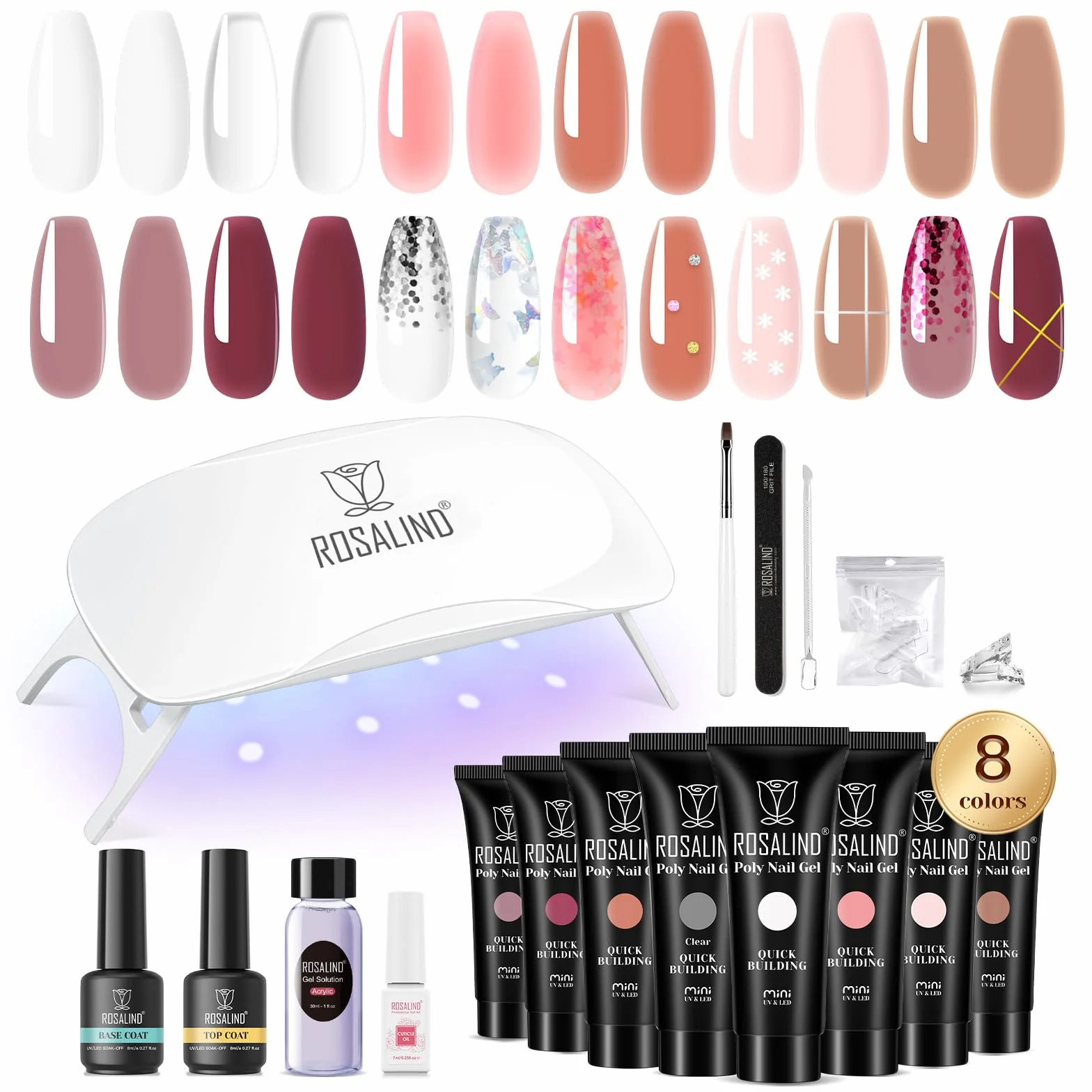 ROSALIND Zestaw startowy do paznokci żelowych, 8 kolorów, mini lampa UV, lakier bazowy i narzędzia do manicure, żel do przedłużania paznokci, zestaw startowy do profesjonalnego salonu i domu DIY