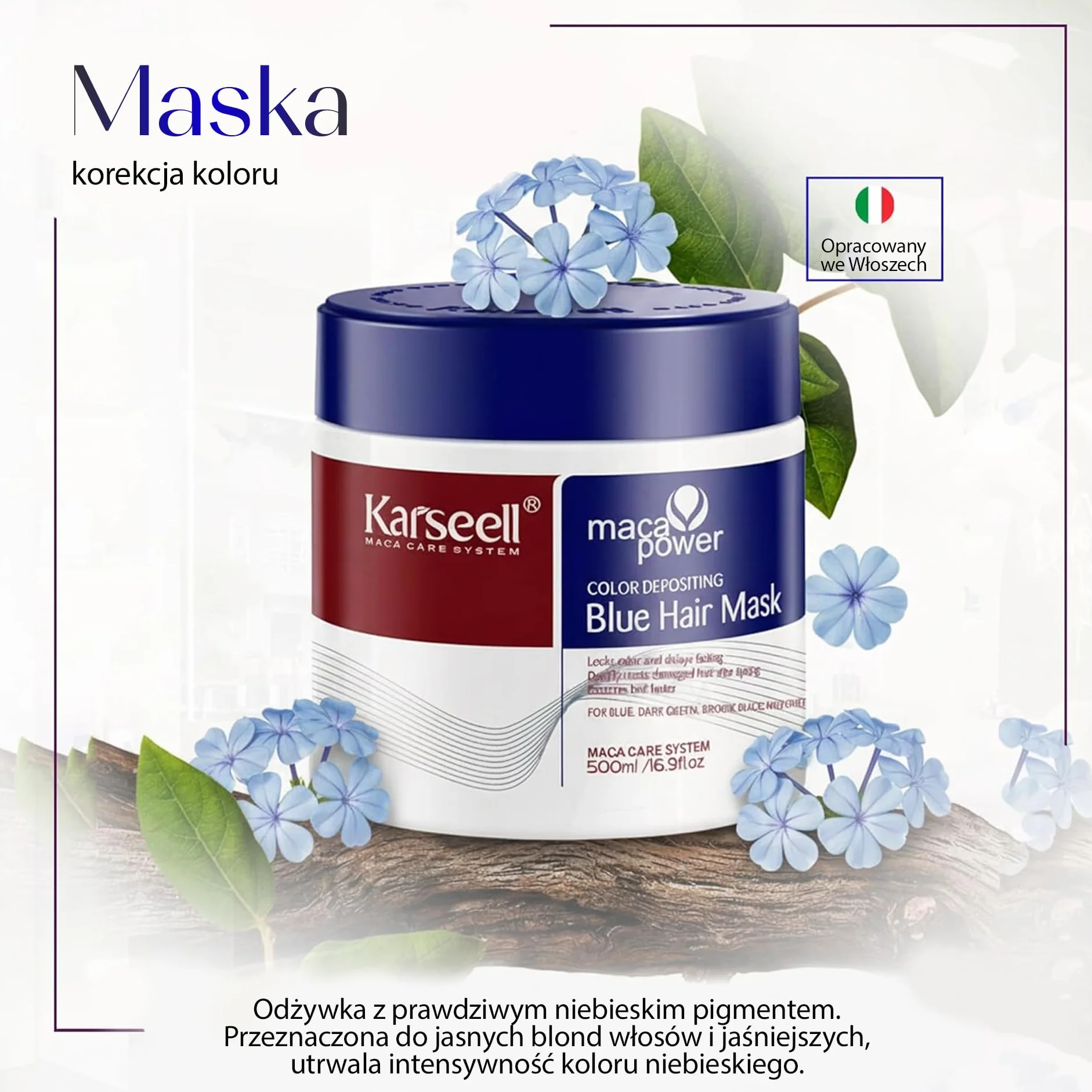 Karseell MACA CARE SYSTEM Maska do włosów z niebieskim pigmentem Tonacja Odświeżanie koloru Wzmocnione chłodne odcienie niebieskich barw Hydratuje Naprawia Przeciwko puszeniu się Dla suchych