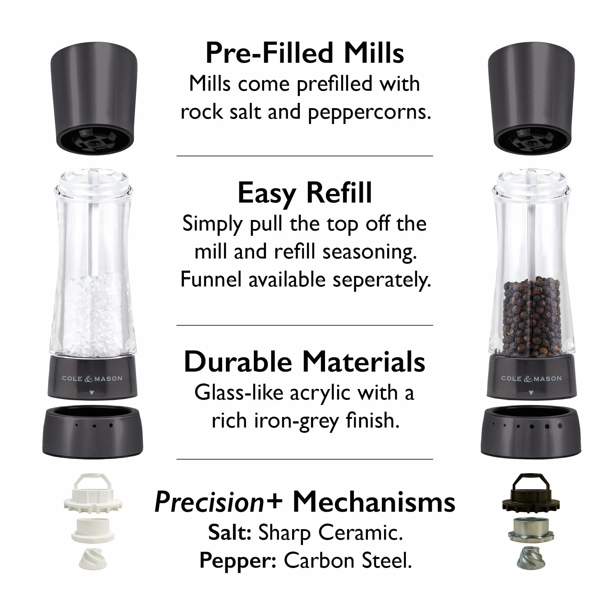 Cole & Mason Derwent Gunmetal młynki do soli i pieprzu, regulowane ustawienia mielenia, Gourmet Precision+, stal nierdzewna/akryl, 190 mm, zestaw prezentowy, zawiera 2 młynki do soli i pieprzu