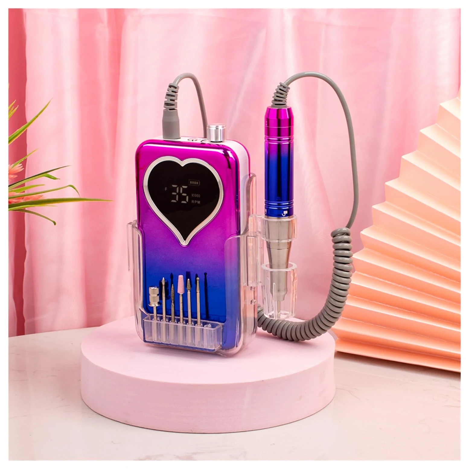 Obcinacz do paznokci, 35000RPM Bezrdzeniowy silnik Przenośna wiertarka do paznokci Manicure Polerowanie Akumulator Bezprzewodowy Mocny z podstawą(Blauw)