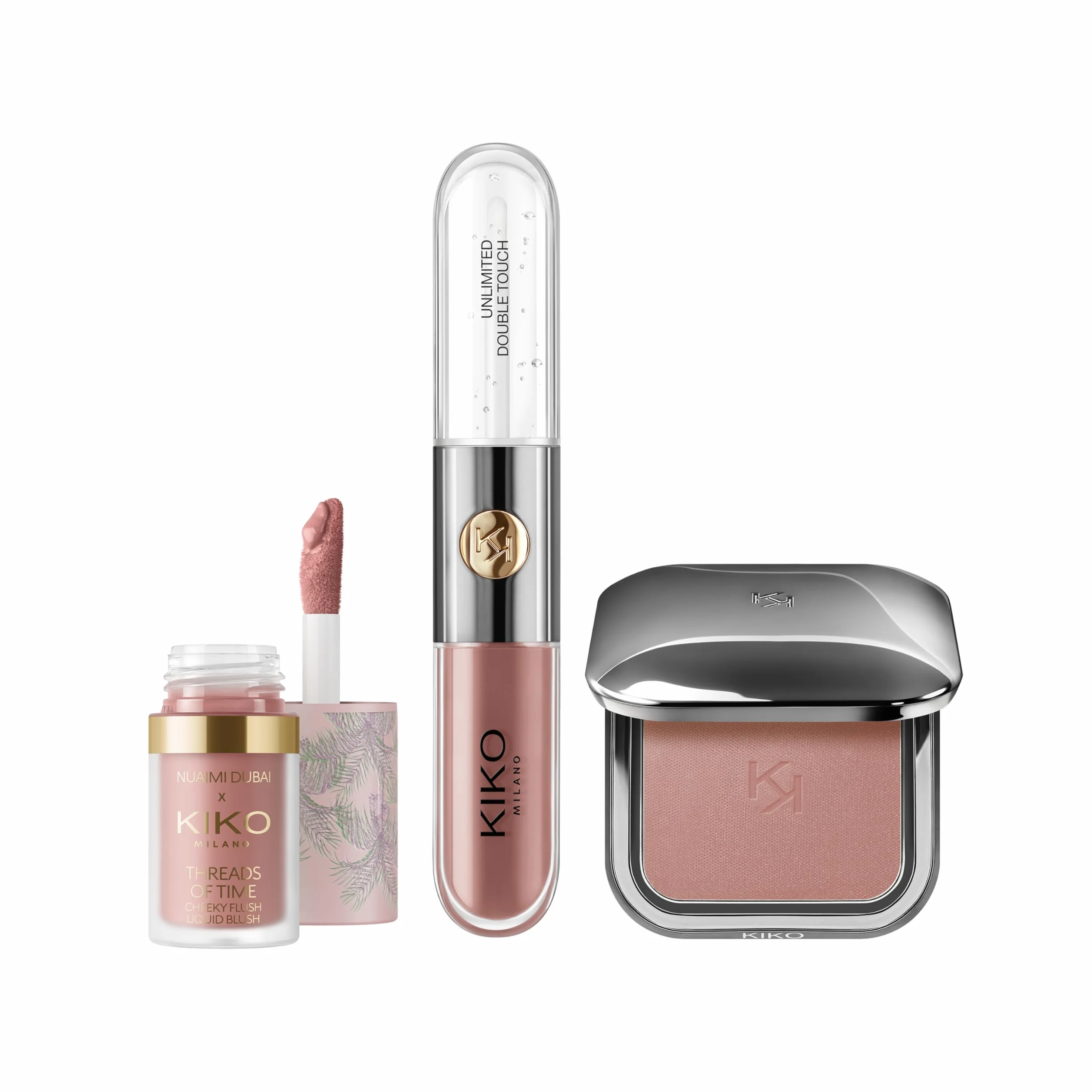 KIKO Milano Threads Of Time Lip To Cheek Make Up Kit, Zestaw upominkowy do makijażu: Pomadka i błyszczyk 2 w 1, róż w płynie i róż w pudrze