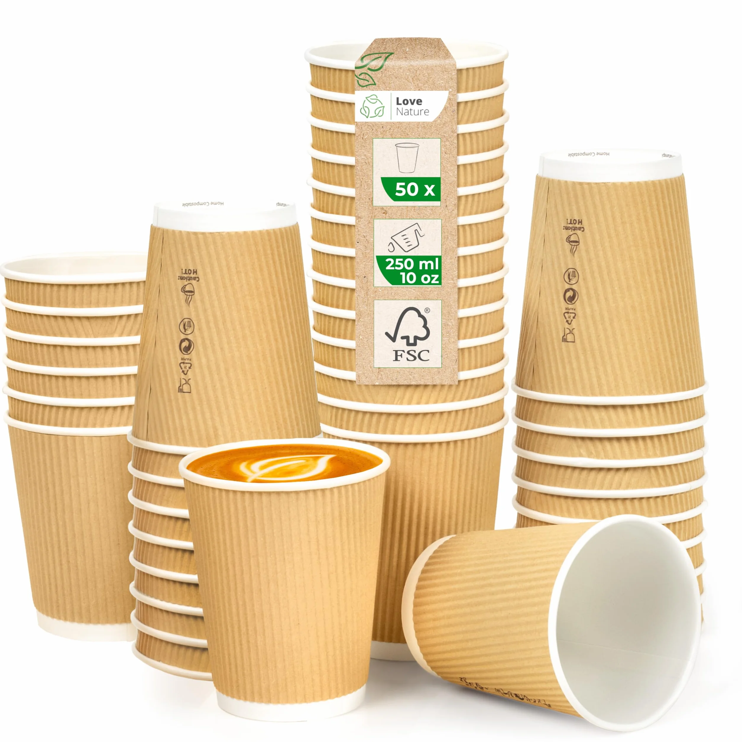 Love Nature Kubki Papierowe Ryflowane 250 ml - 50 sztuk Kubków Jednorazowych do Kawy na Wynos z Brązowego Kartonu - Bez Plastiku Przyjazne dla Środowiska w 100% Biodegradowalne Kompostowalne