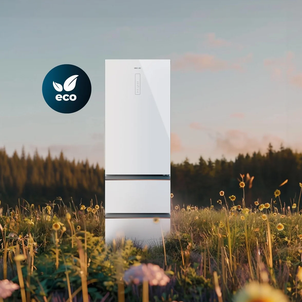 Cecotec Lodówka Francuskie Drzwi 400 L Bolero Coolmarket Combi Fd 400 White Glass E Nofrost Total System Multi Airflow Cicha sprężarka inwerterowa