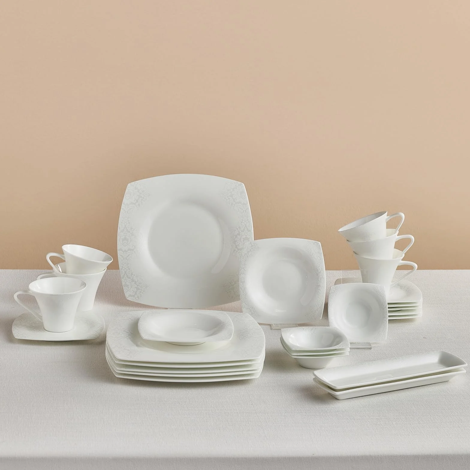 Karaca Fine Pearl Helen 26-częściowy serwis śniadaniowy, prostokątny kubek do kawy dla 6 osób, serwis łączony, biały, porcelanowa zastawa stołowa, na stół śniadaniowy lub stół stołowy