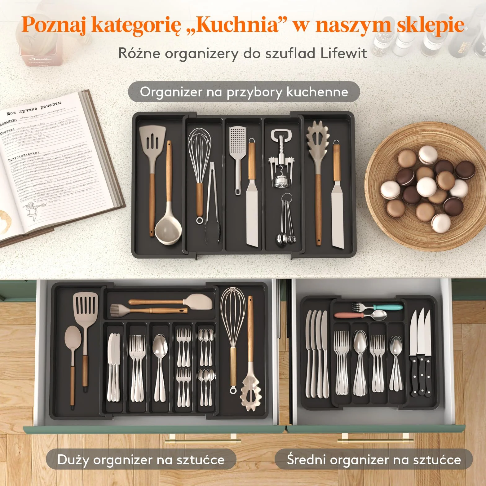 Lifewit Organizer do Szuflady Kuchennej na Sztućce, Rozszerzalna Wkład do Szuflad, Plastikowe Taca na Sztućce na Łyżki/Widelce/Noże, Głębokość 30,9 cm, Szerokość 22,6–37,3 cm, Czarny