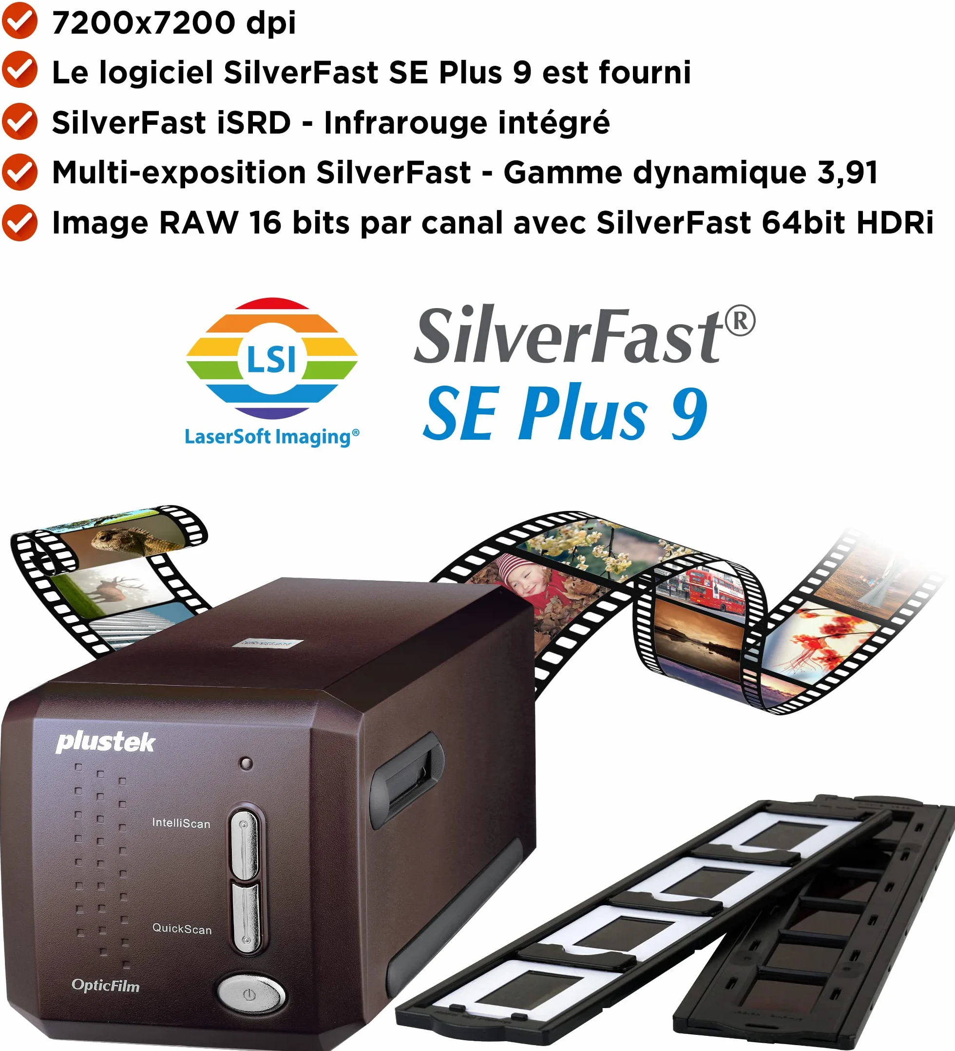 Plustek OpticFilm 8300i SE – skaner pasków i slajdów 35 mm z 38% wzrostem prędkości skanowania, pakiet SilverFast SE Plus 9 + QuickScan Plus, obsługa komputerów Mac i Windows.