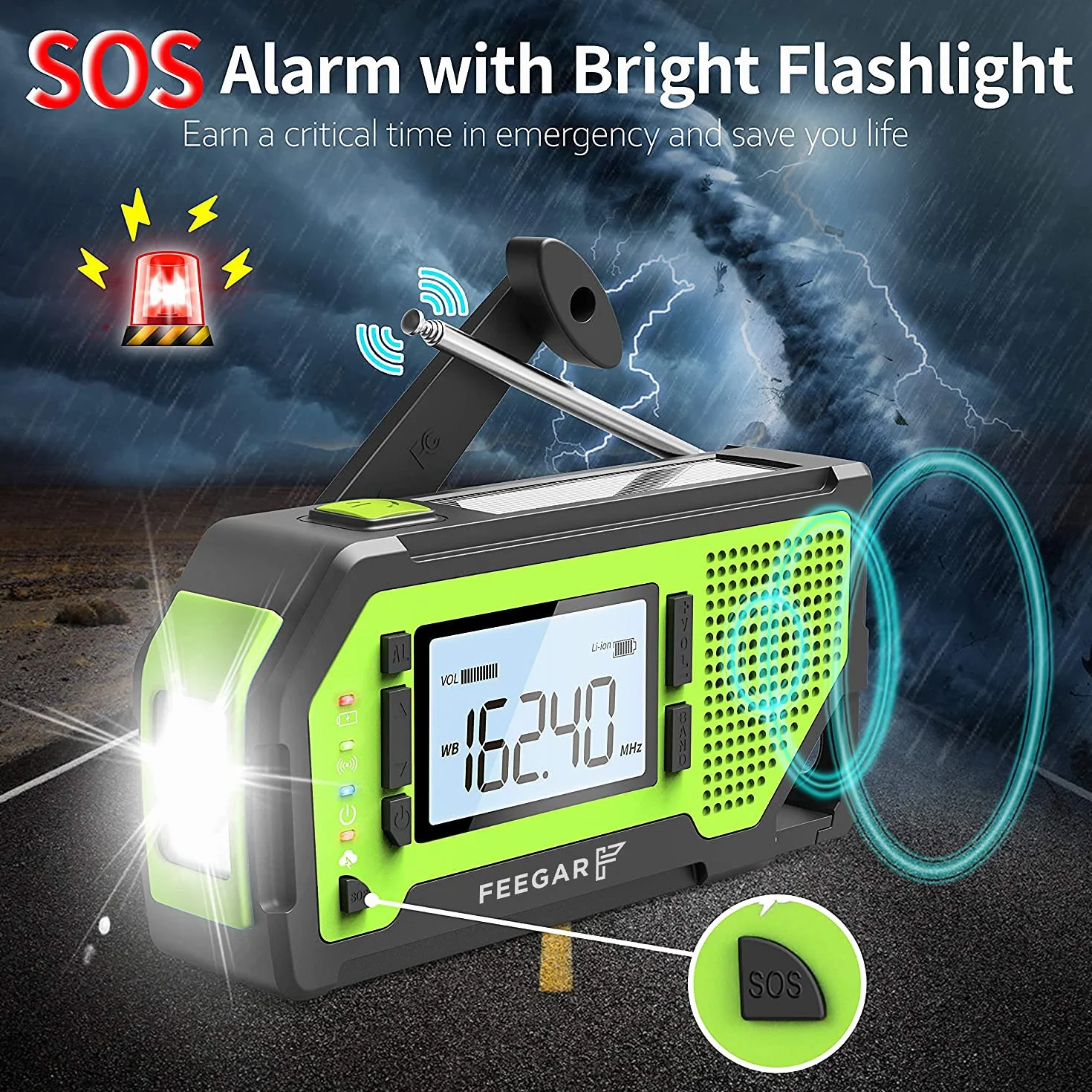 Radio z korbą Feegar Oze Pro na wypadek sytuacji awaryjnych, radio pogodowe AM/FM przenośne, survivalowe z latarką LED, powerbank 2000mAh, alarm SOS, USB, jack 3.5mm, otwieracz do butelek