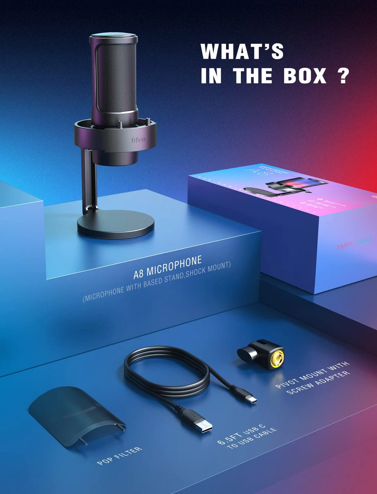 FIFINE Mikrofon PC USBC Do Streamingu Gier, Studia Podcastów, USB PS4 PS5 MAC - Ze Sterowaniem RGB, Przełącznik Wyciszenia, Gniazdo Słuchawkowe, Filtr Pop - A8