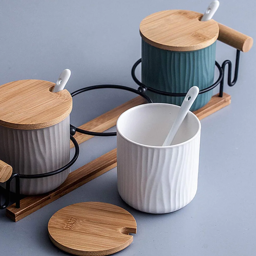 Zestaw 2 ceramicznych pojemników na przyprawy, cukiernica, miska na cukier z łyżeczką i bambusową pokrywką, na herbatę, cukier, sól, przyprawy, do domu i kuchni